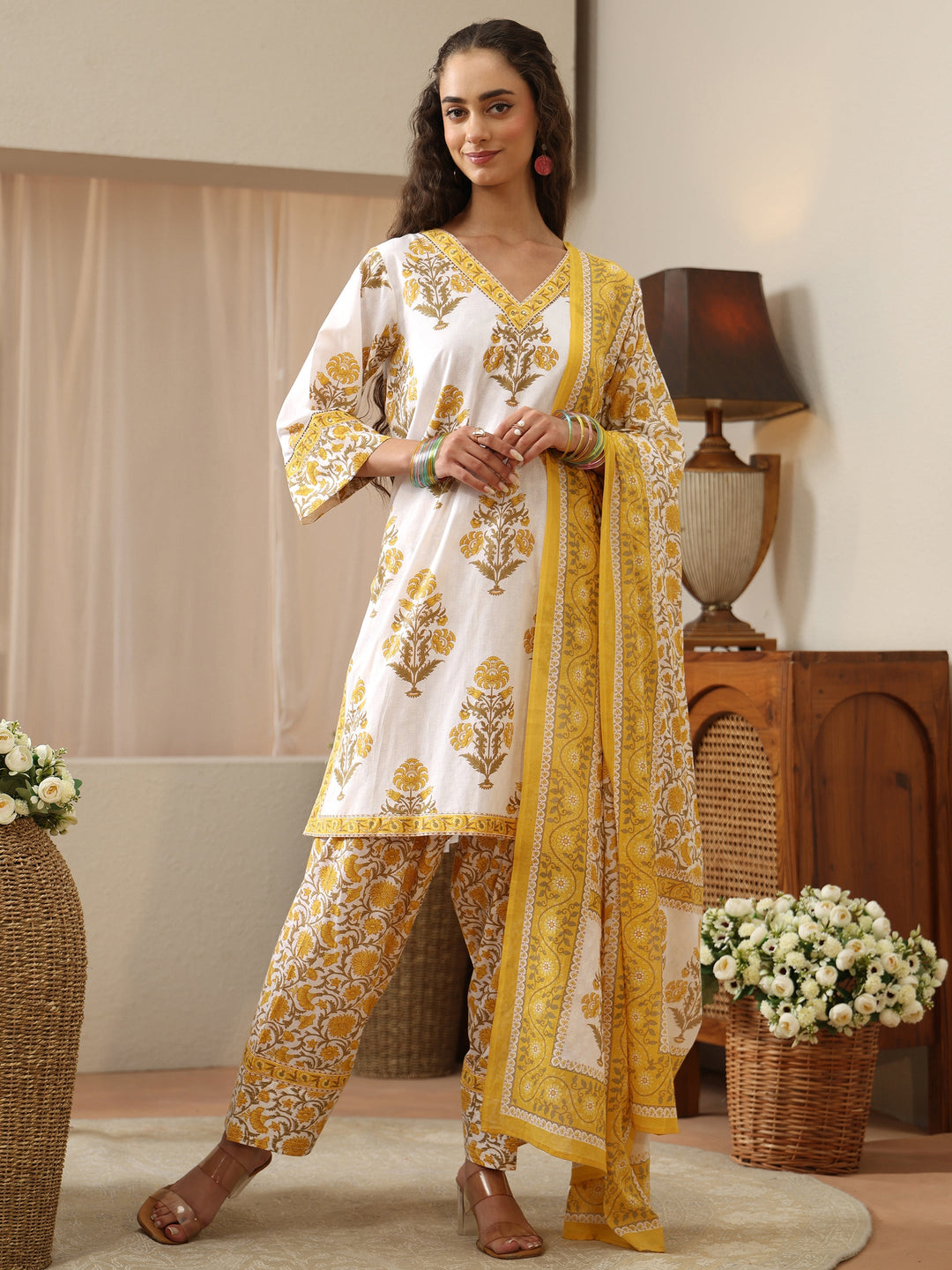  White And Yellow Floral Block Printed Cotton Straight Suit Set 