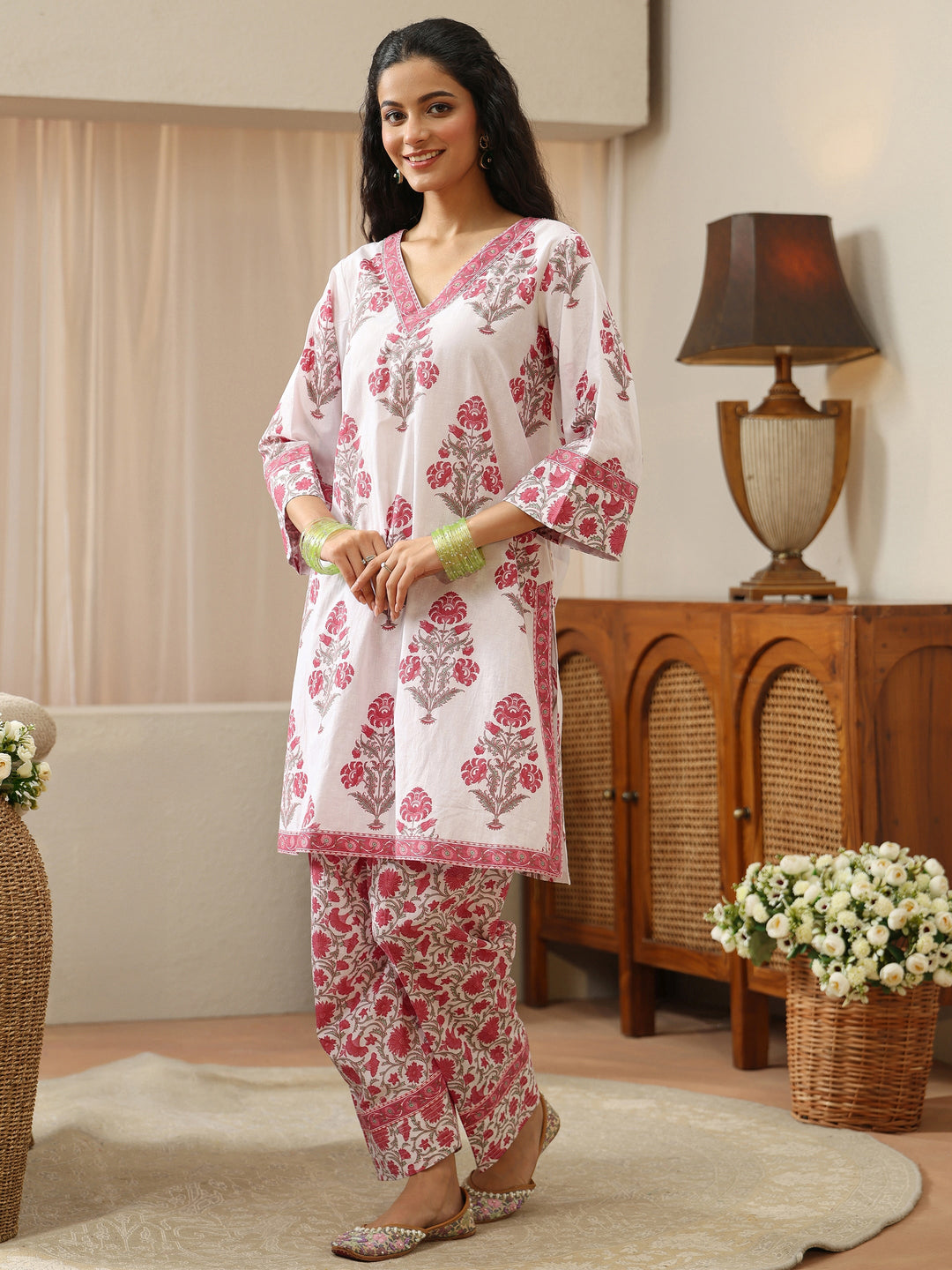  White And Pink Floral Block Printed Cotton Straight Suit Set 