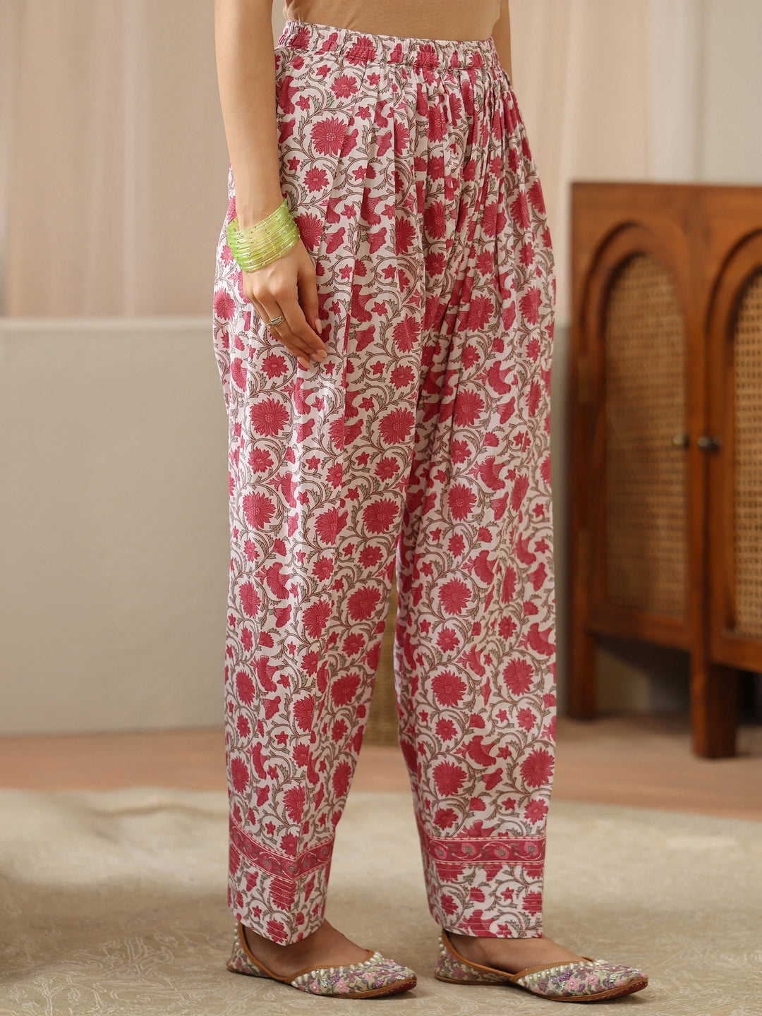  White And Pink Floral Block Printed Cotton Straight Suit Set 