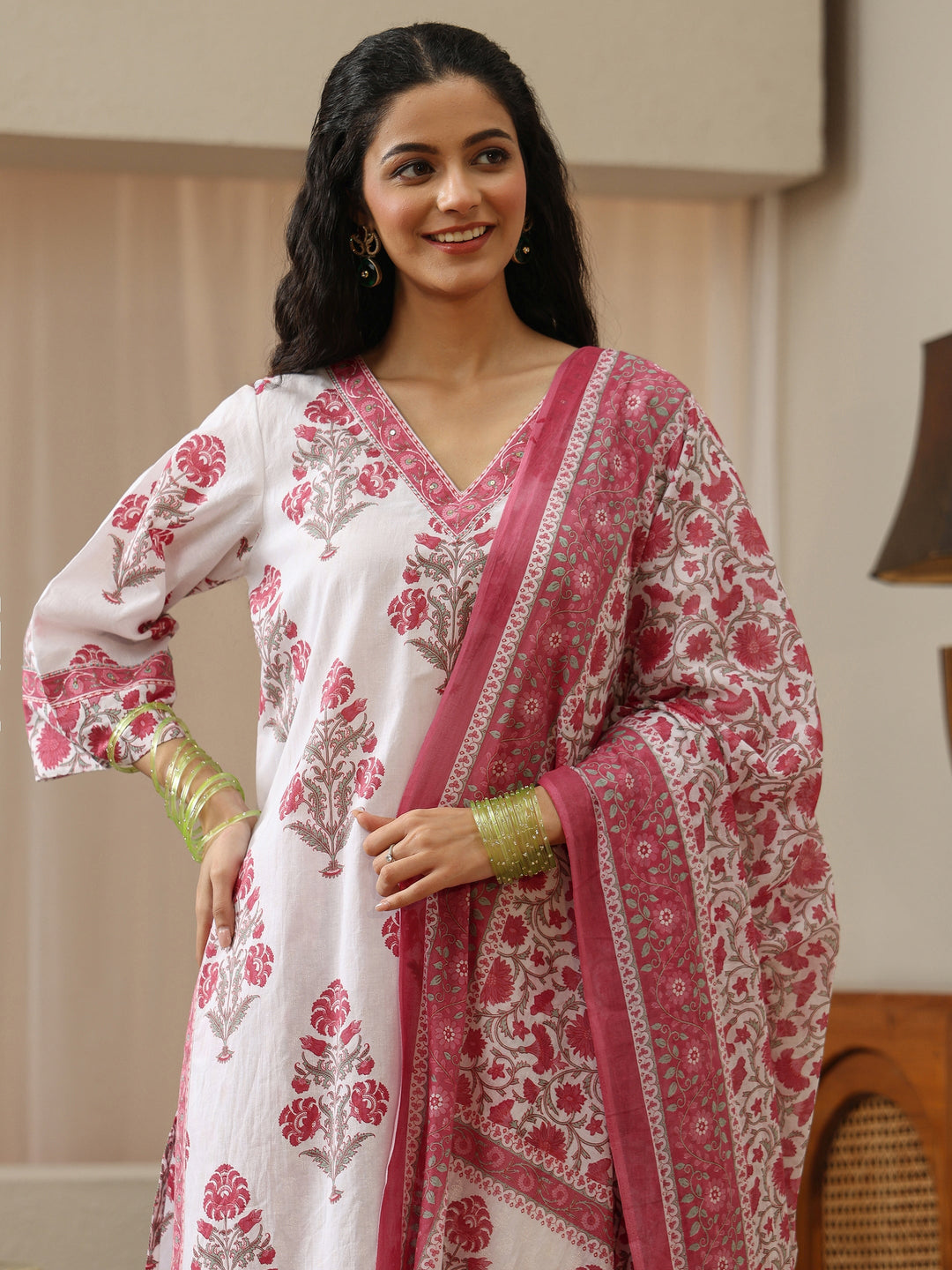  White And Pink Floral Block Printed Cotton Straight Suit Set 