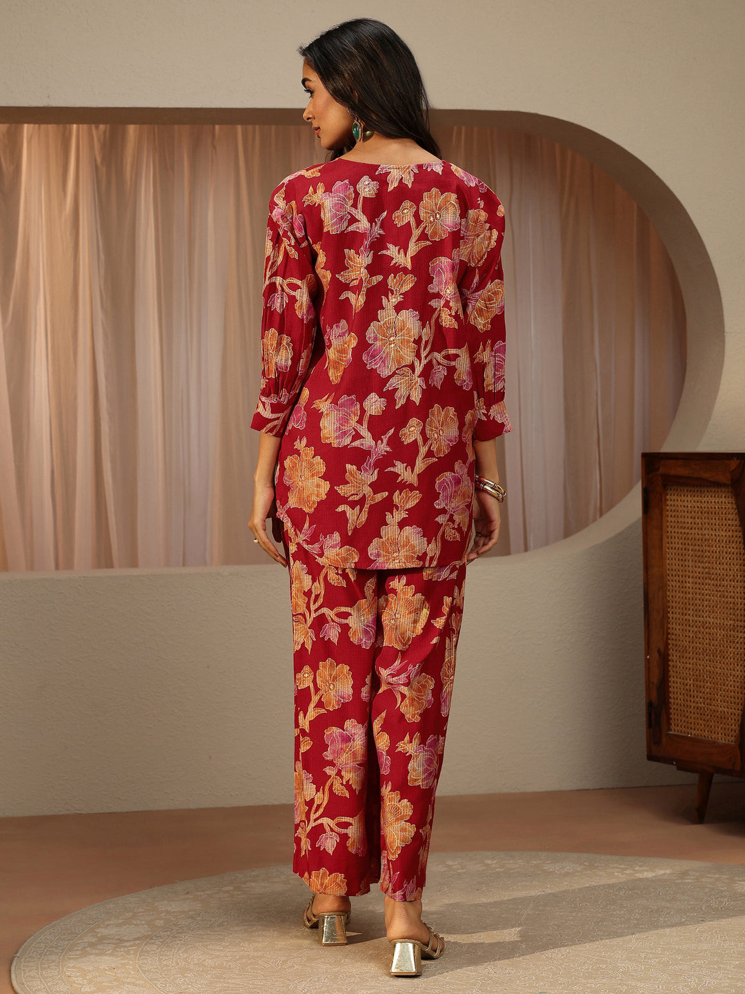  Red Floral Printed Silk Blend Co-Ord Set 