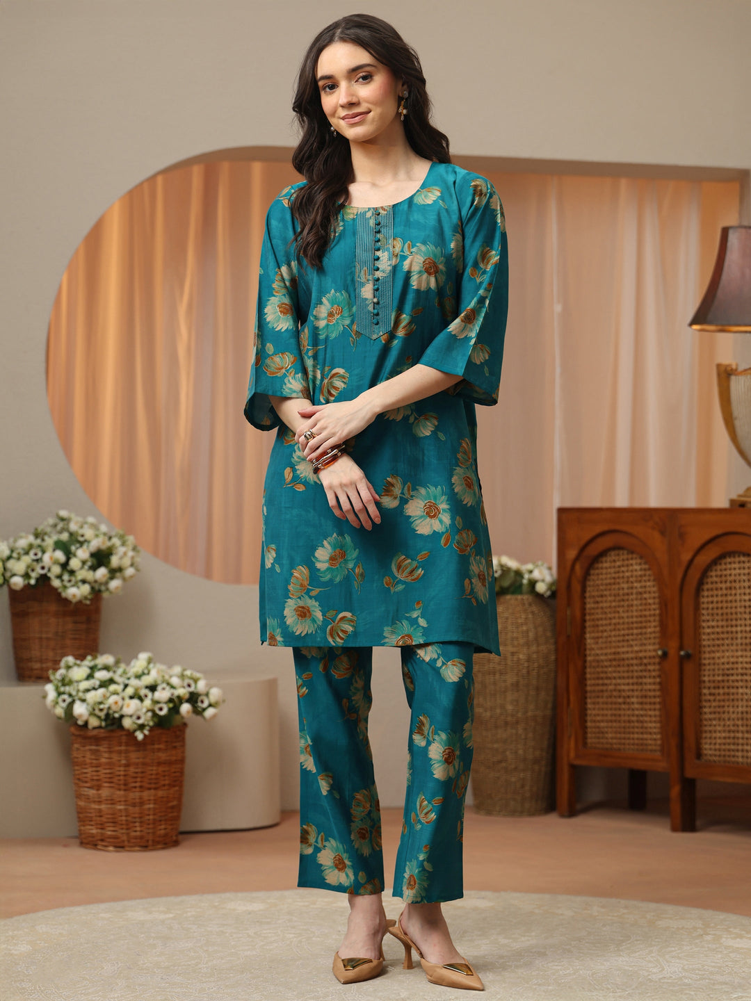  Persian Blue Floral Printed Silk Blend Co-Ord Set 