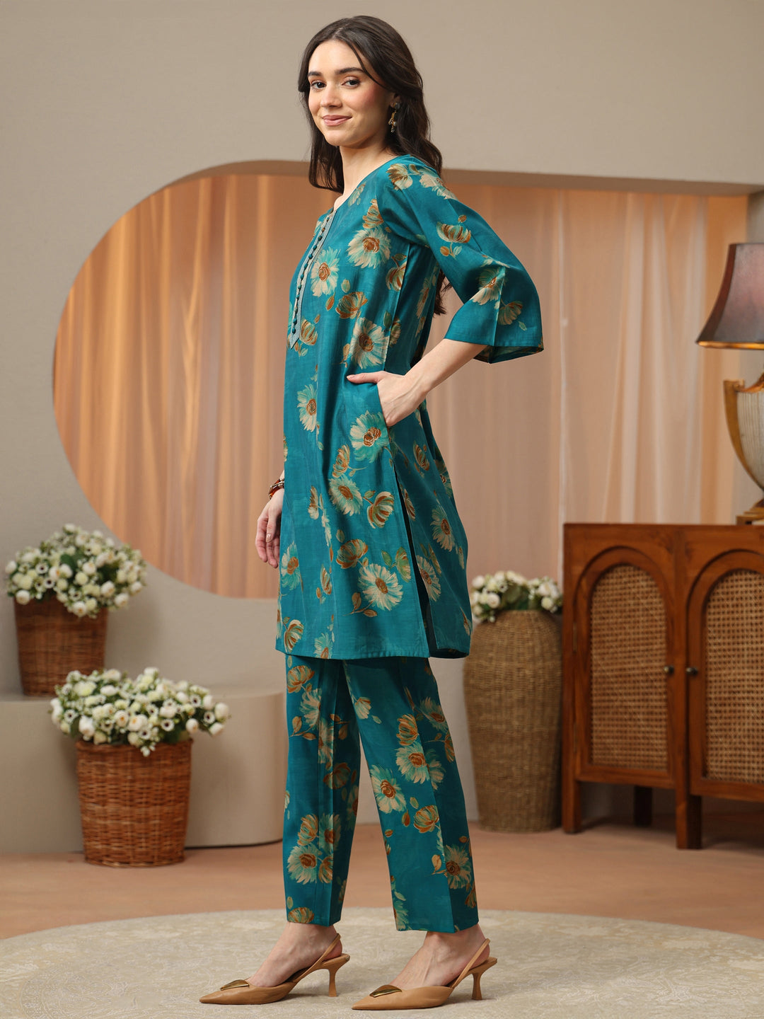  Persian Blue Floral Printed Silk Blend Co-Ord Set 