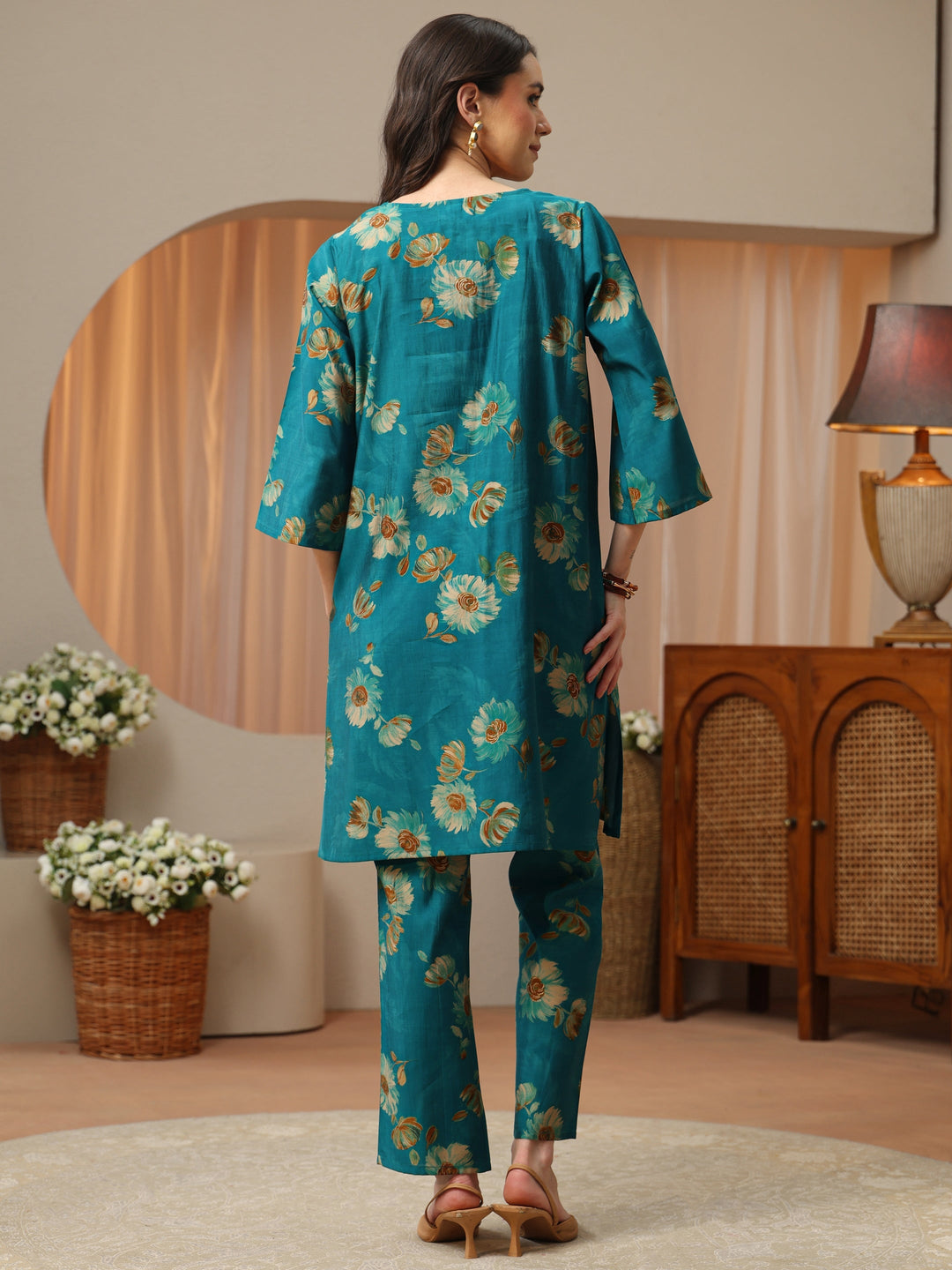  Persian Blue Floral Printed Silk Blend Co-Ord Set 