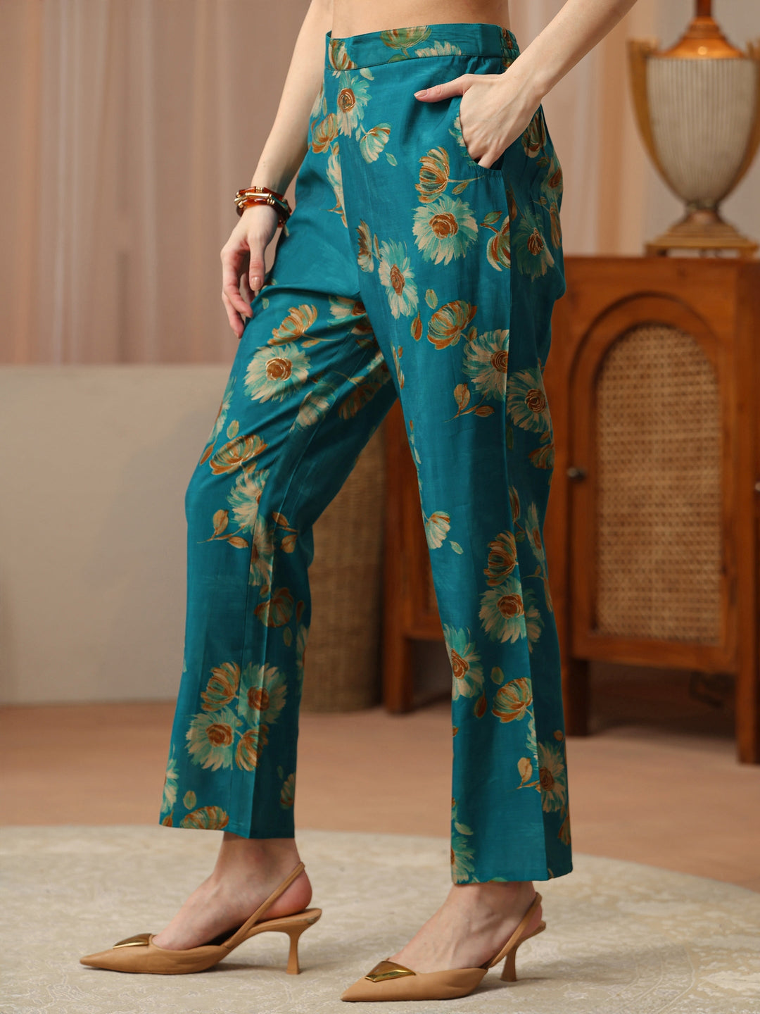  Persian Blue Floral Printed Silk Blend Co-Ord Set 