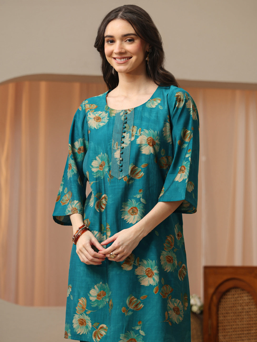  Persian Blue Floral Printed Silk Blend Co-Ord Set 