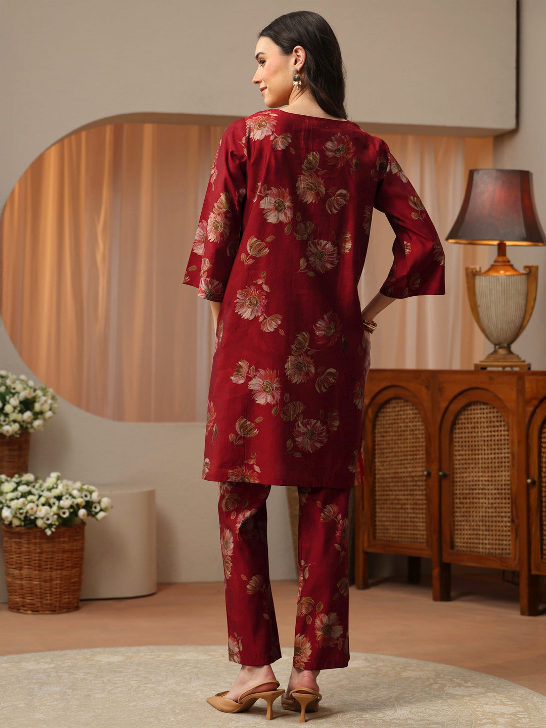  Brick Red Floral Printed Silk Blend Co-Ord Set 