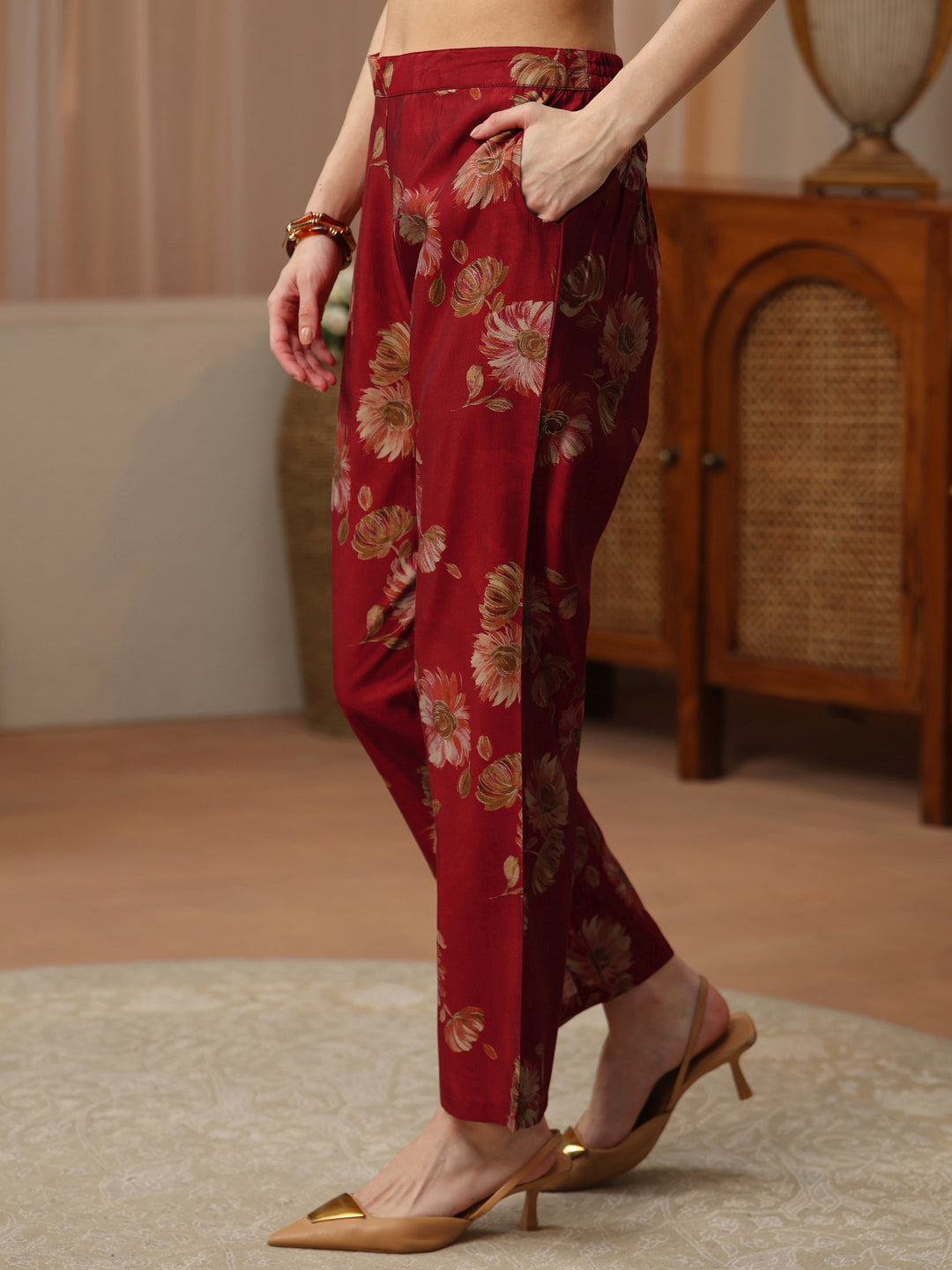  Brick Red Floral Printed Silk Blend Co-Ord Set 