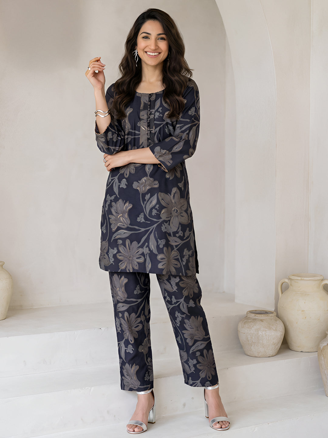  Libas Navy Blue Floral Printed Silk Blend Co-Ord Set 