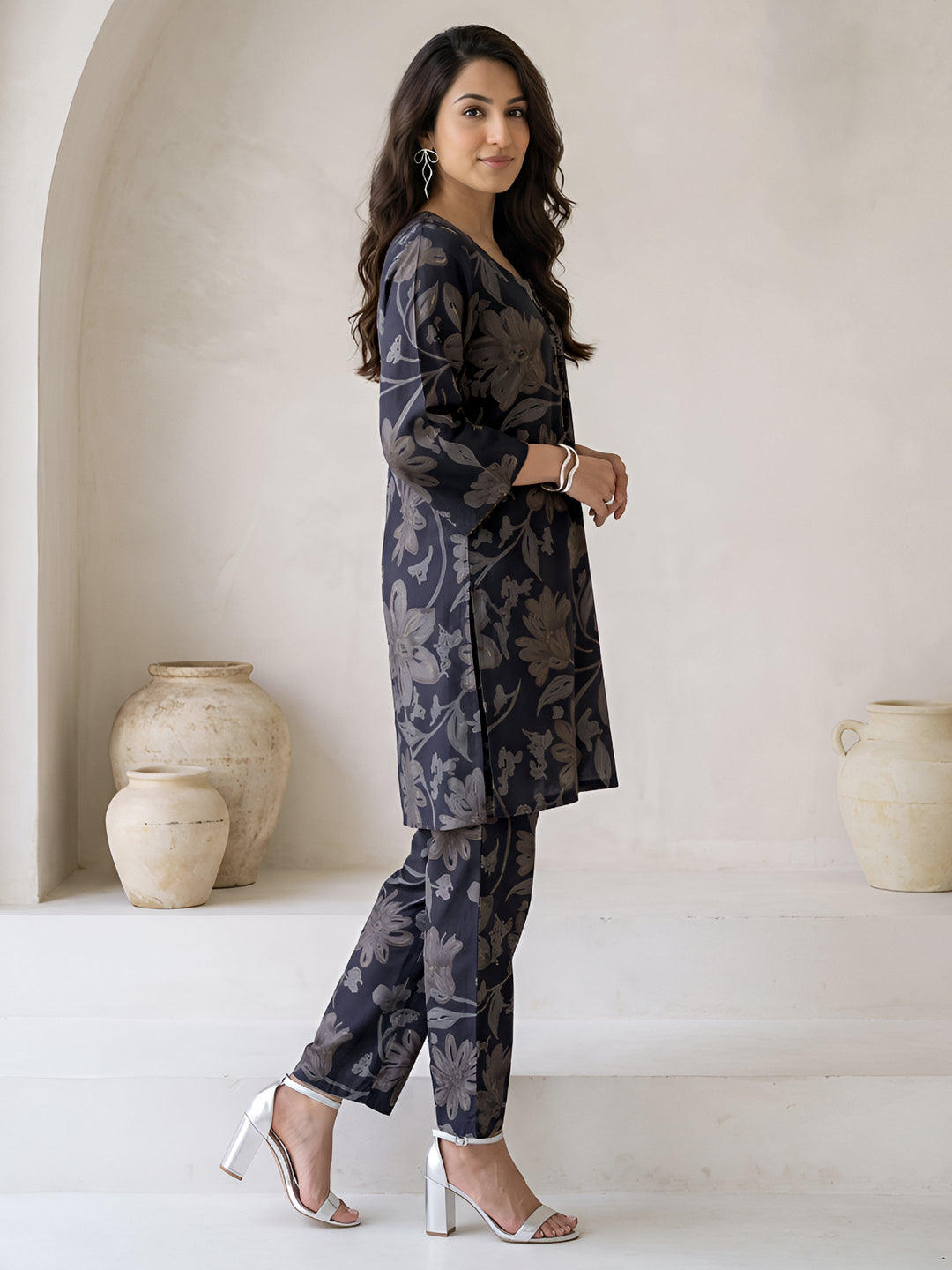  Libas Navy Blue Floral Printed Silk Blend Co-Ord Set 