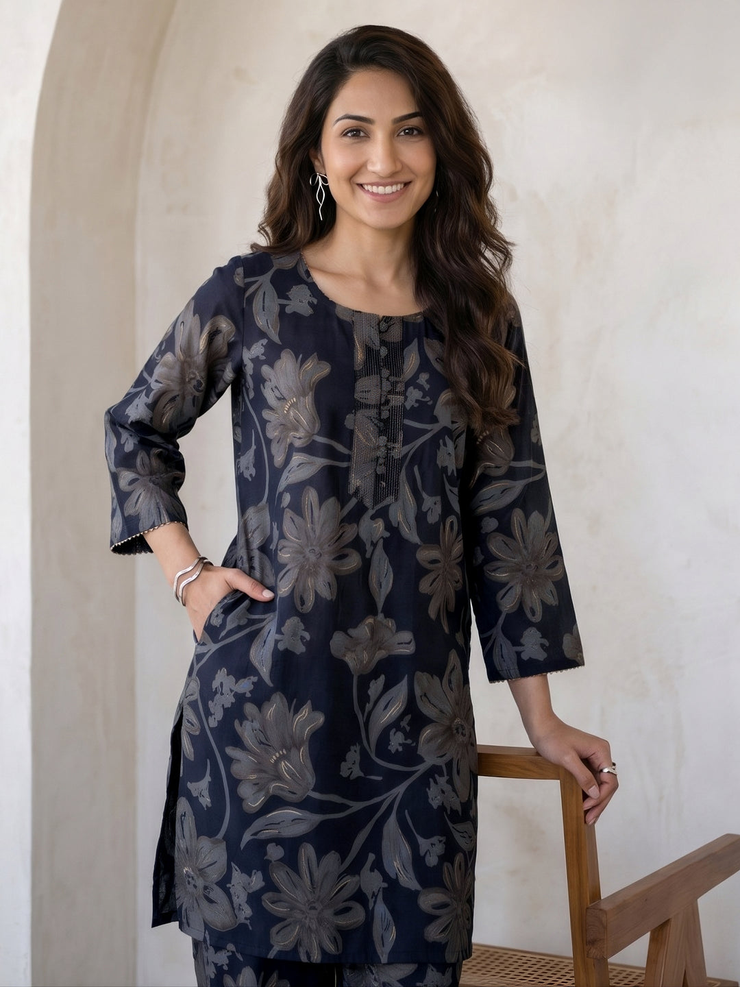  Libas Navy Blue Floral Printed Silk Blend Co-Ord Set 