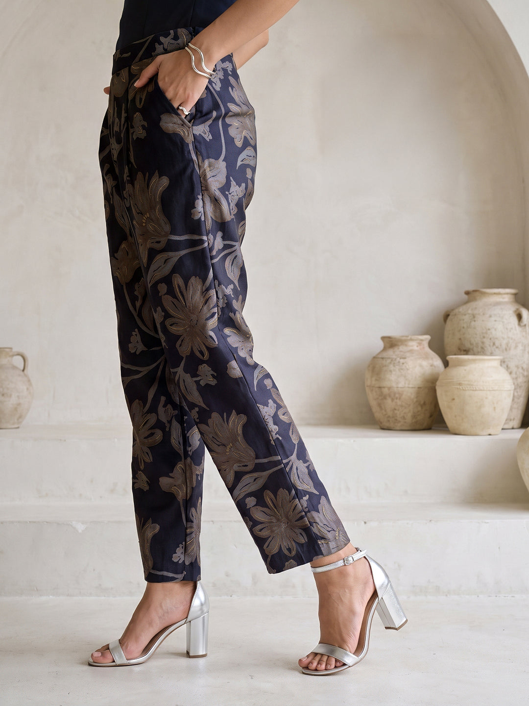  Libas Navy Blue Floral Printed Silk Blend Co-Ord Set 