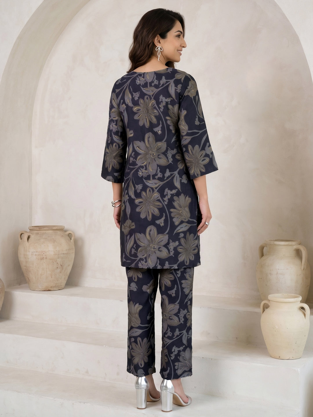  Libas Navy Blue Floral Printed Silk Blend Co-Ord Set 