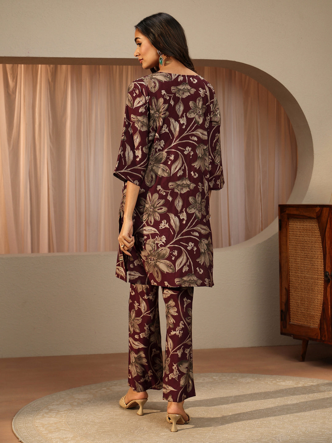  Maroon Floral Printed Silk Blend Co-Ord Set 