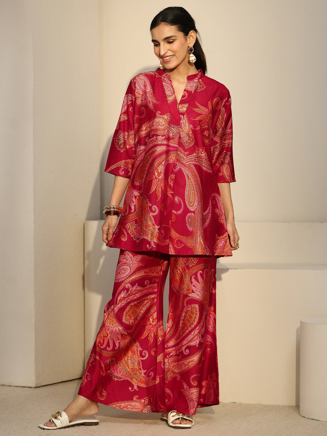  Libas Ruby Red Paisley Printed Silk Blend Co-Ord Set 