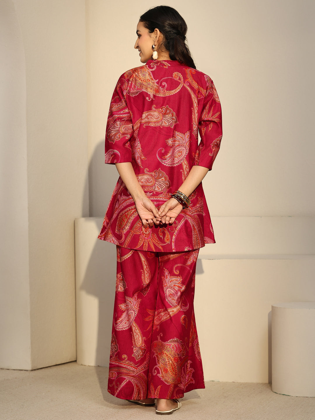  Libas Ruby Red Paisley Printed Silk Blend Co-Ord Set 