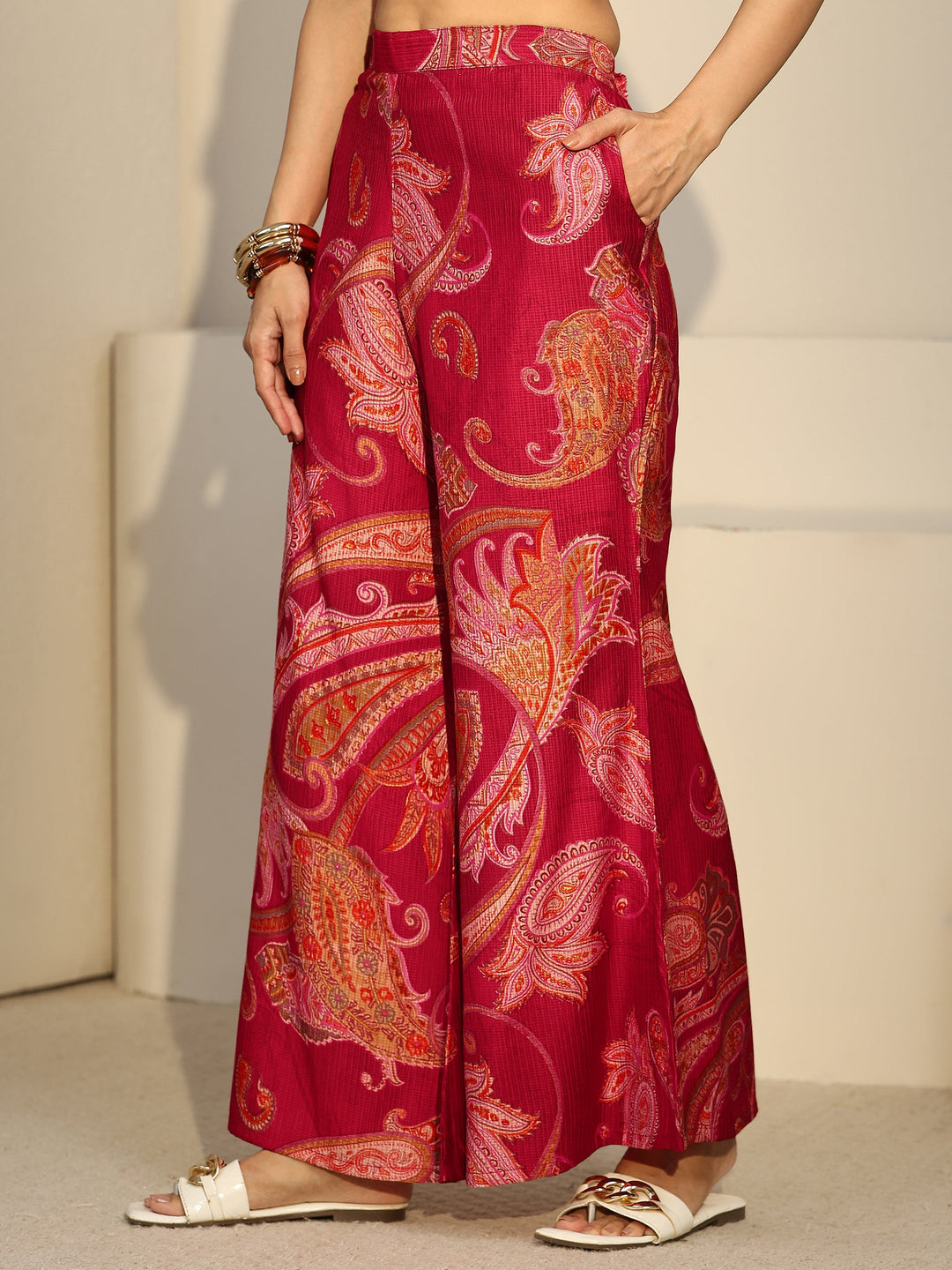  Libas Ruby Red Paisley Printed Silk Blend Co-Ord Set 