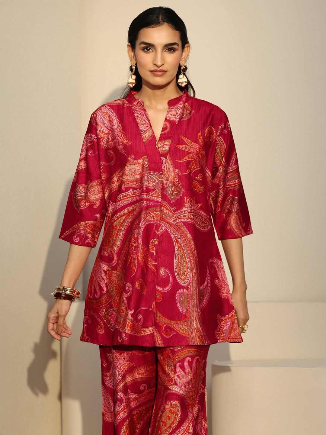  Libas Ruby Red Paisley Printed Silk Blend Co-Ord Set 