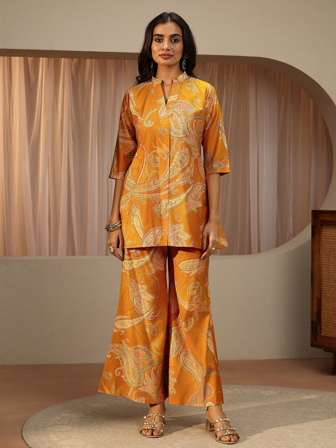  Mustard Paisley Printed Silk Blend Co-Ord Set 