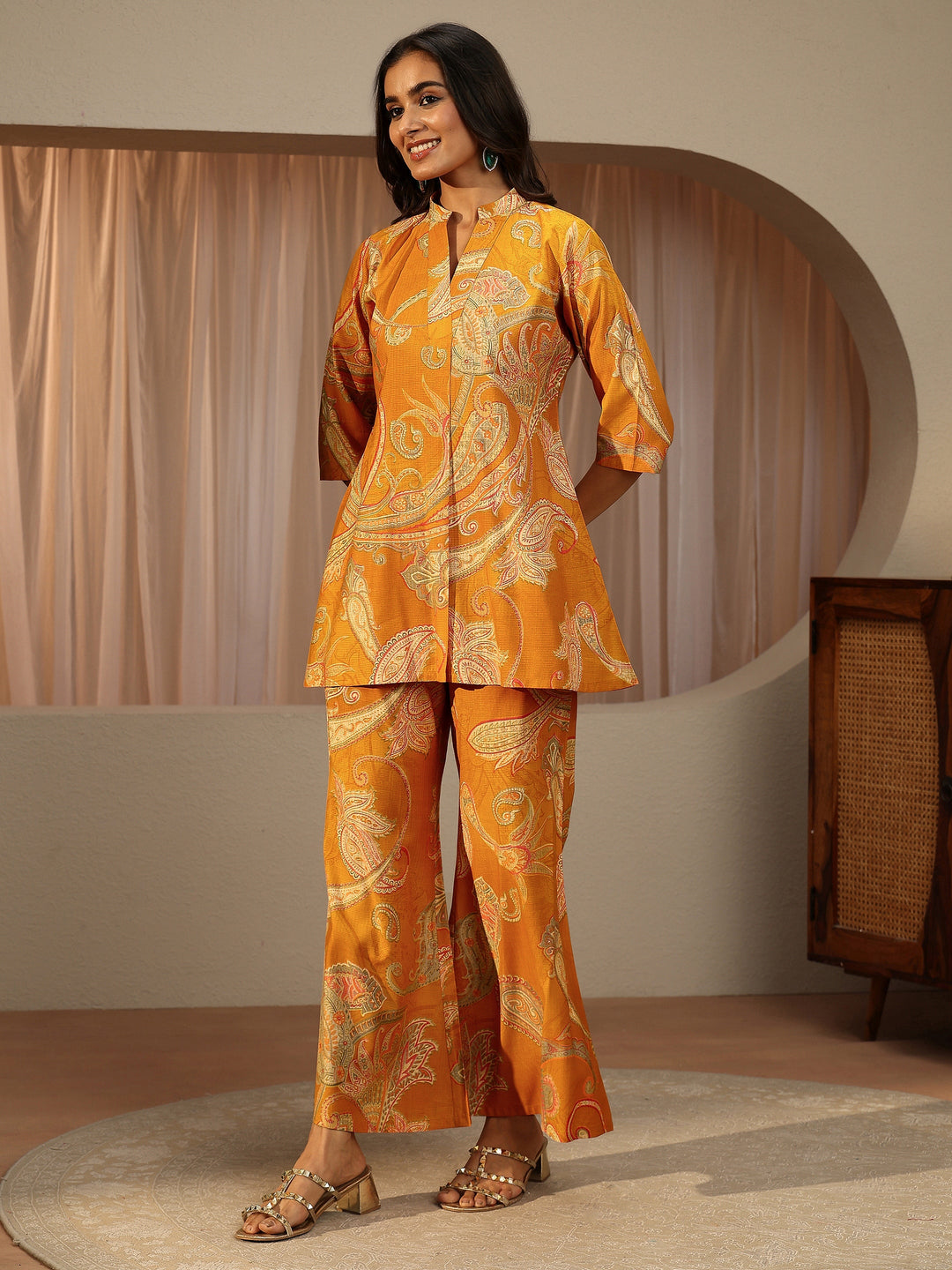  Mustard Paisley Printed Silk Blend Co-Ord Set 
