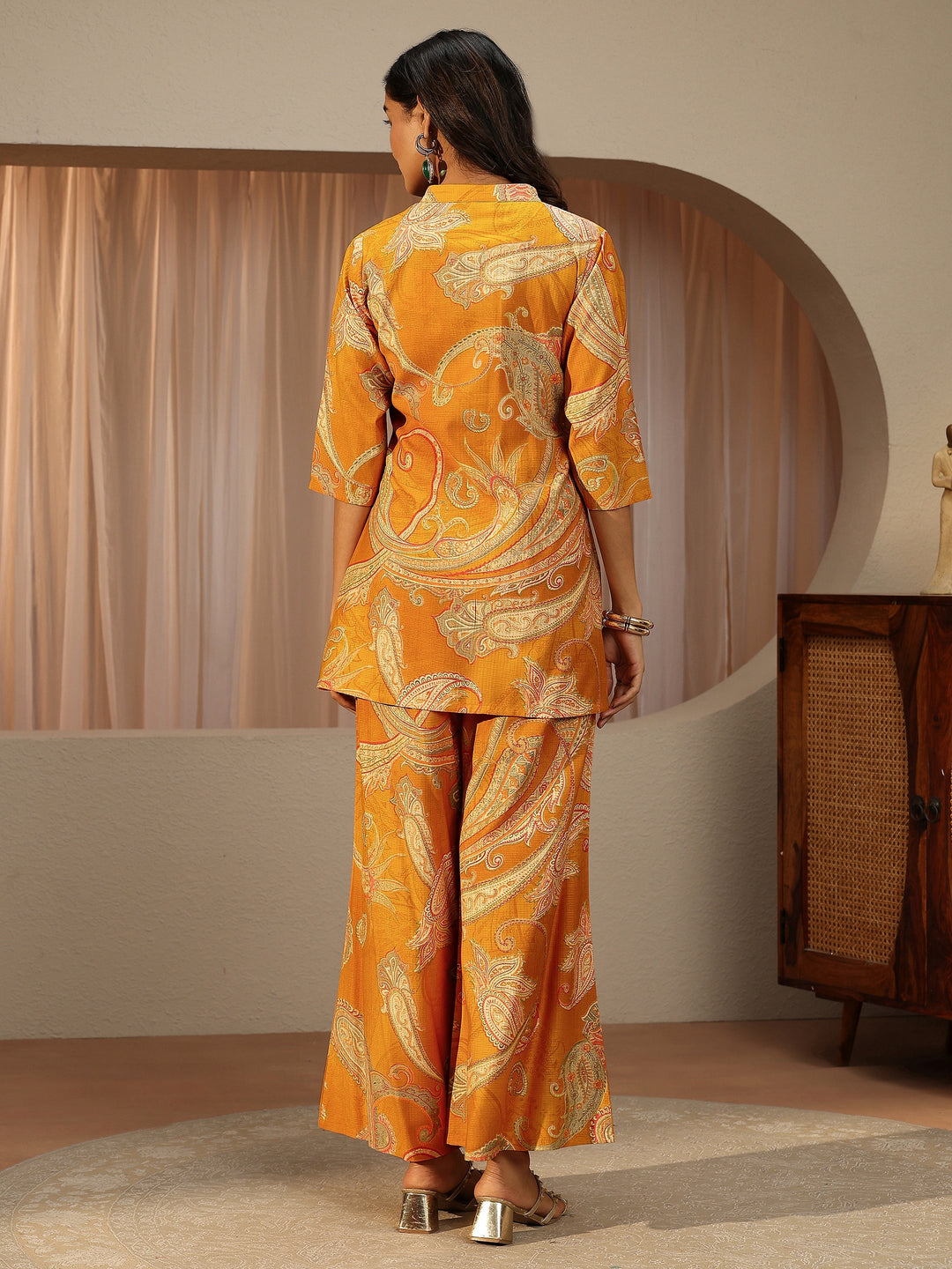  Mustard Paisley Printed Silk Blend Co-Ord Set 