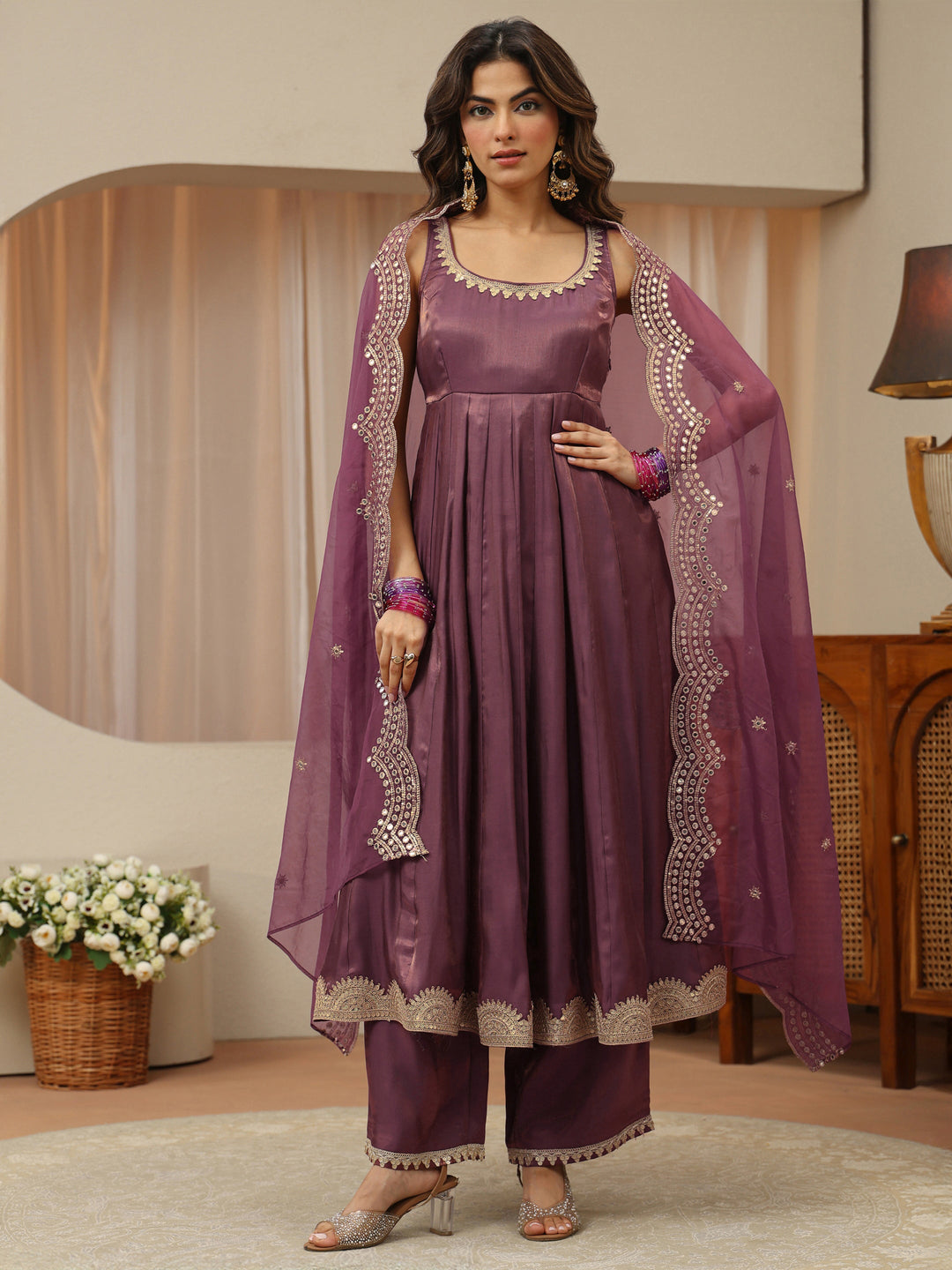  Vintage Purple Silk Blend Sleeveless Anarkali Suit Set 