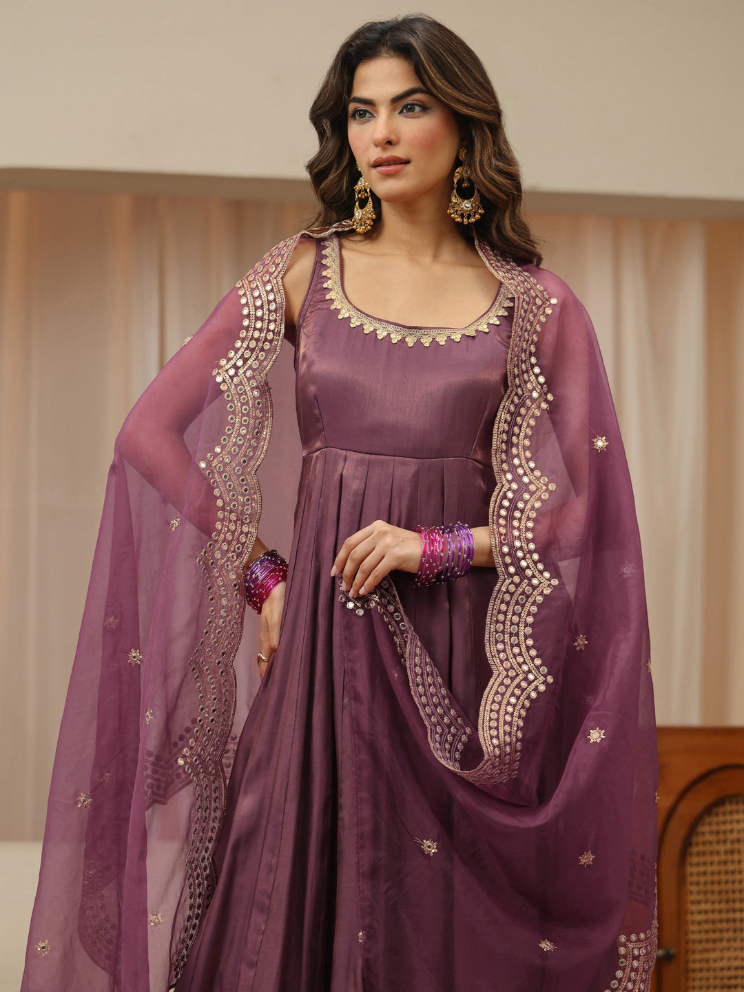  Vintage Purple Silk Blend Sleeveless Anarkali Suit Set 