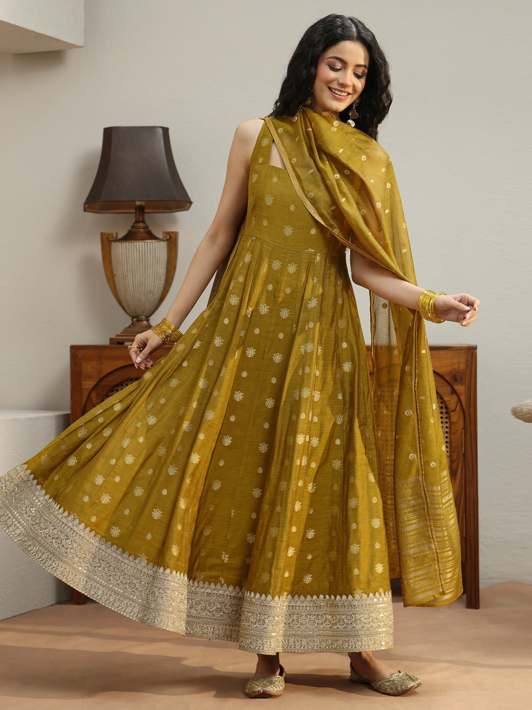  Henna Green Woven Design Chanderi Silk Anarkali Suit Set 