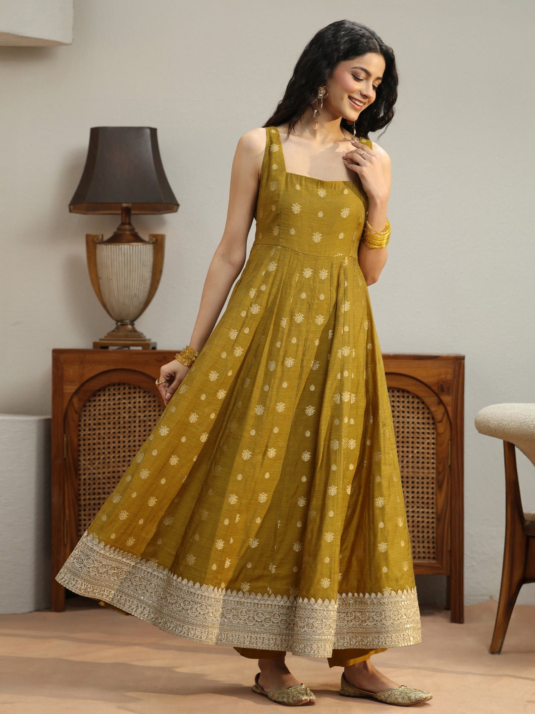  Henna Green Woven Design Chanderi Silk Anarkali Suit Set 