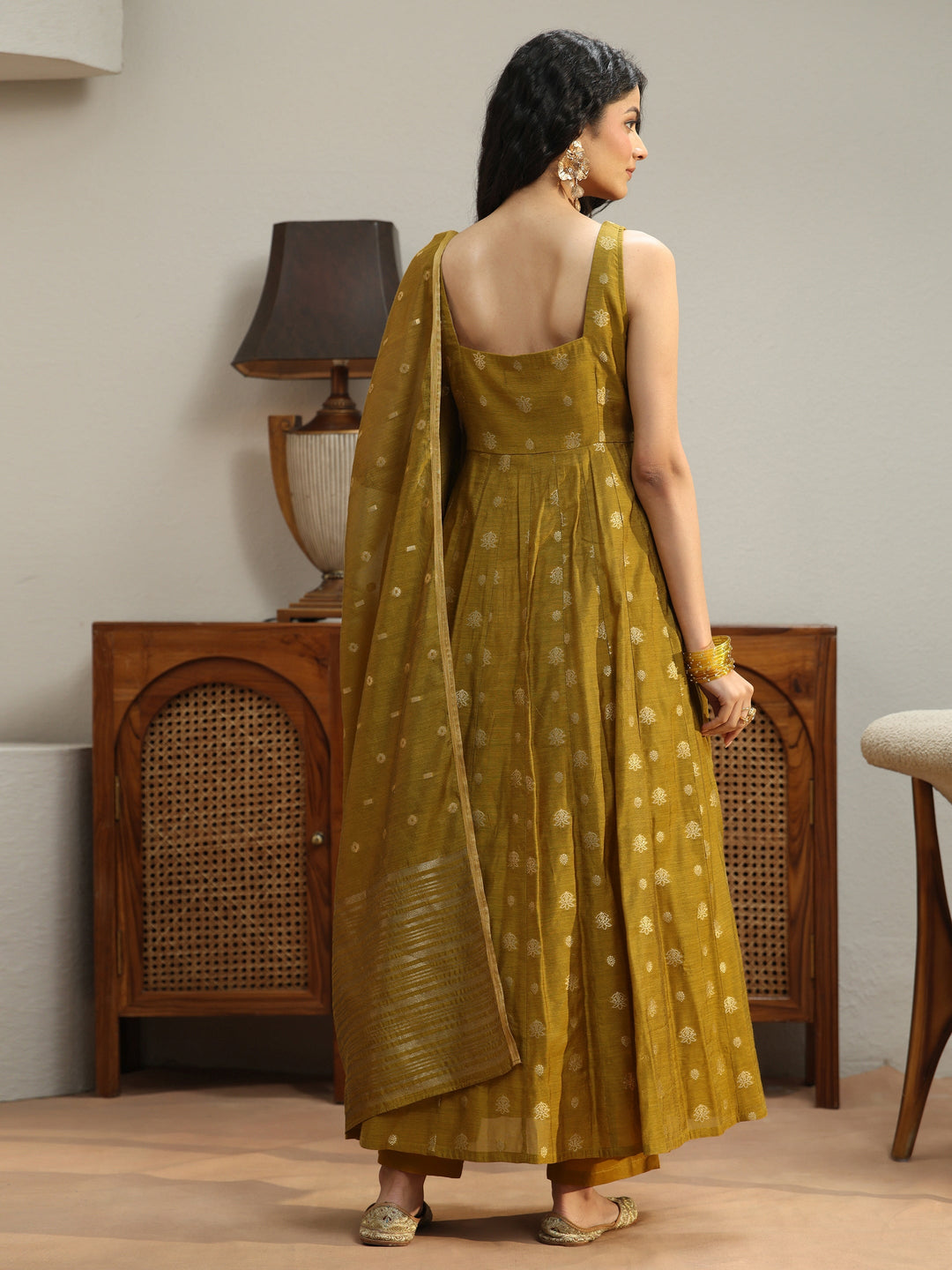  Henna Green Woven Design Chanderi Silk Anarkali Suit Set 
