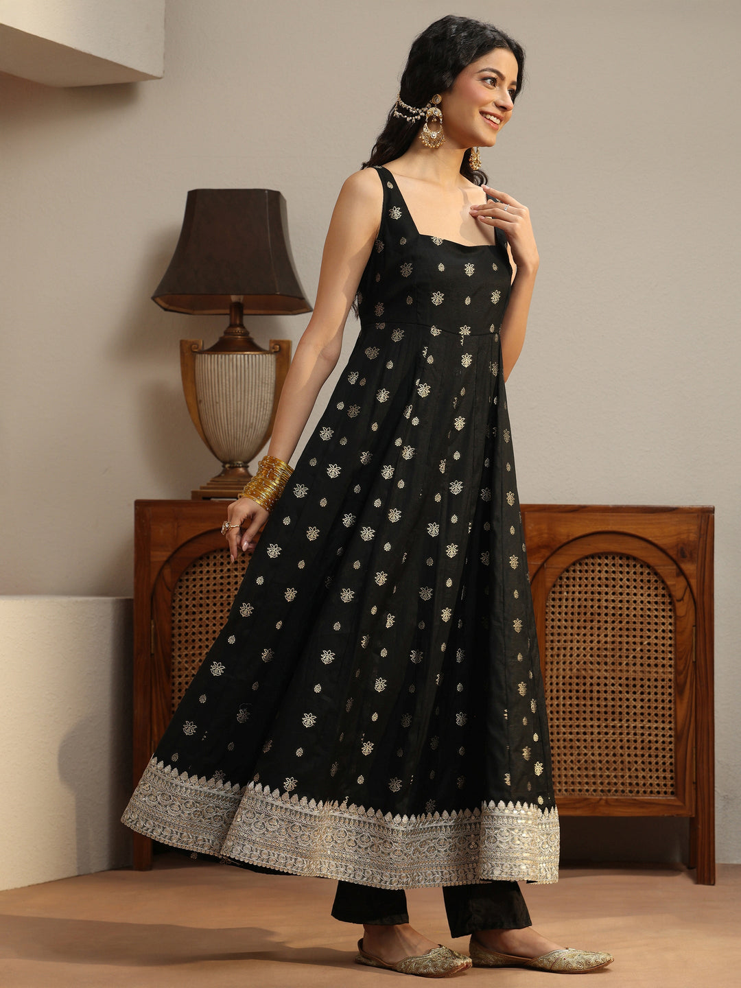  Black Woven Design Chanderi Silk Anarkali Suit Set 