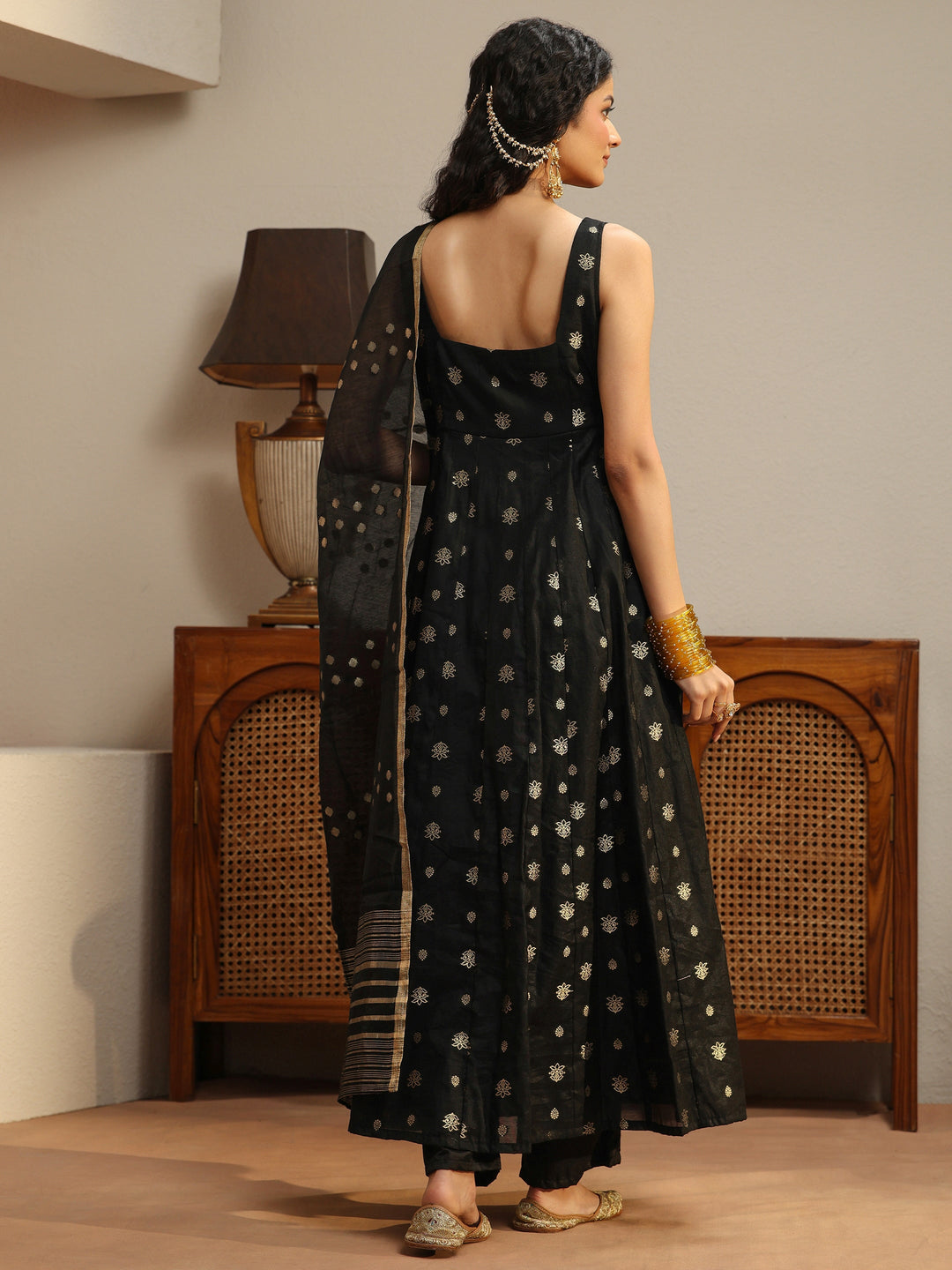  Black Woven Design Chanderi Silk Anarkali Suit Set 