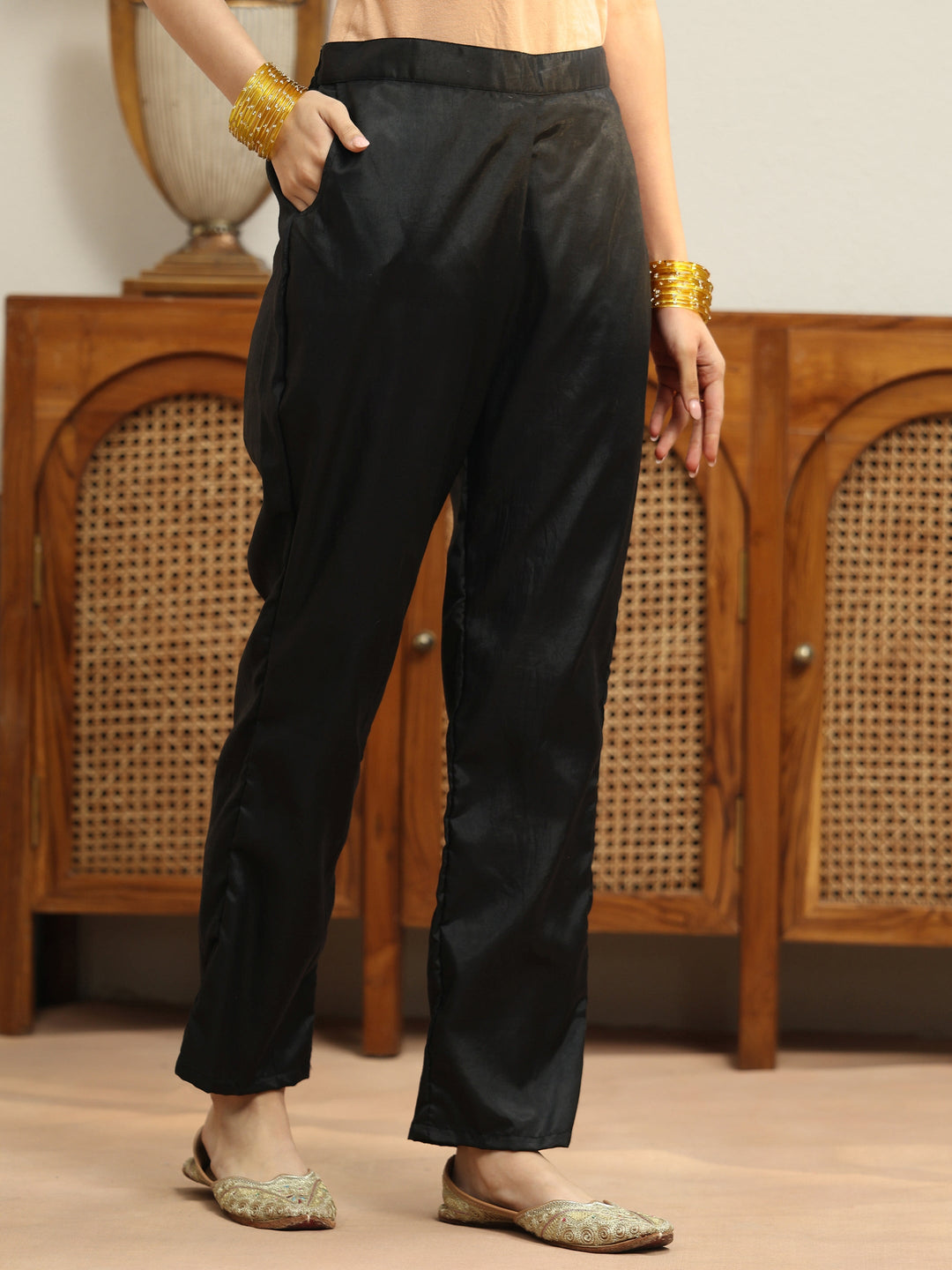  Black Woven Design Chanderi Silk Anarkali Suit Set 