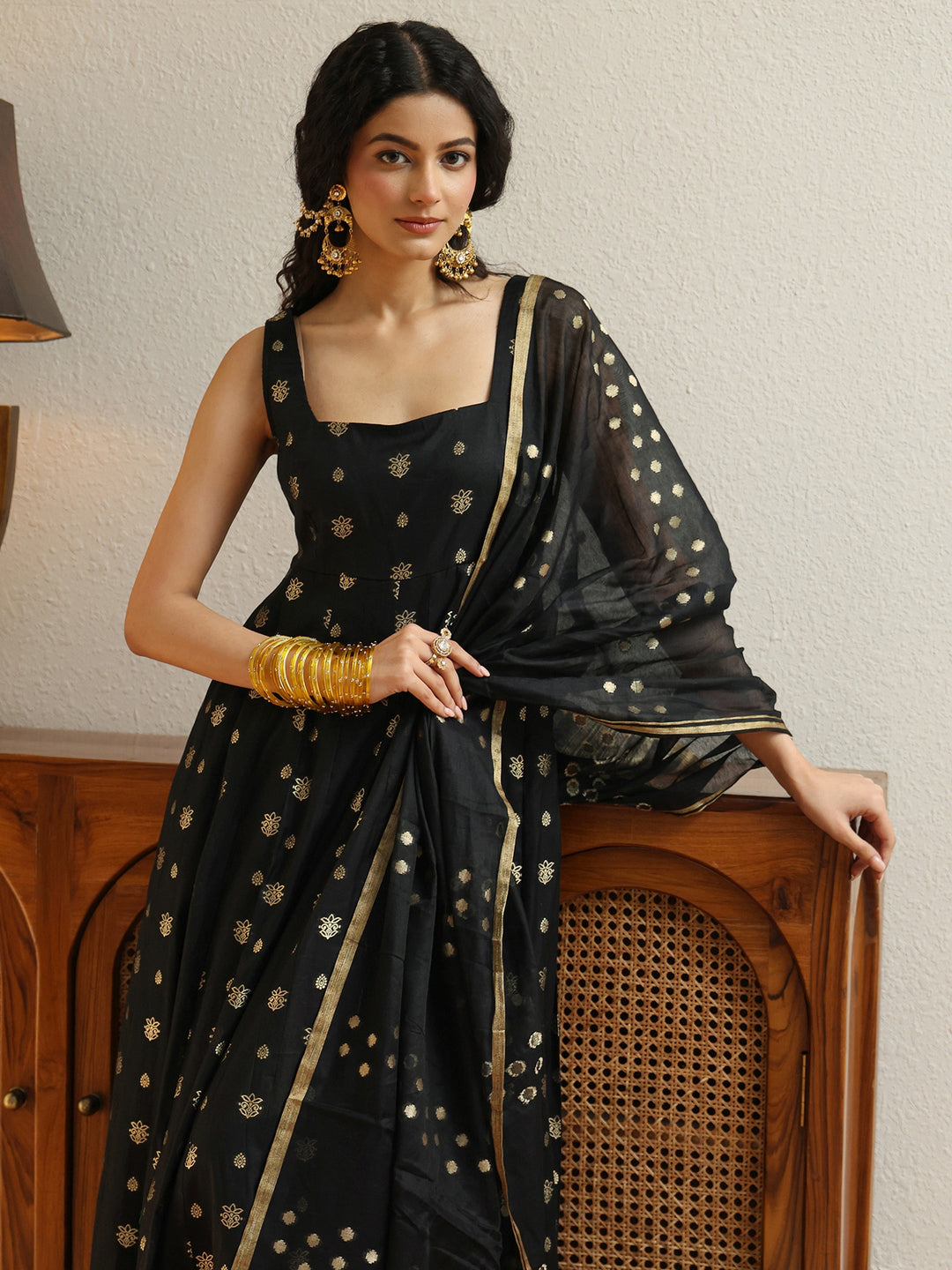  Black Woven Design Chanderi Silk Anarkali Suit Set 