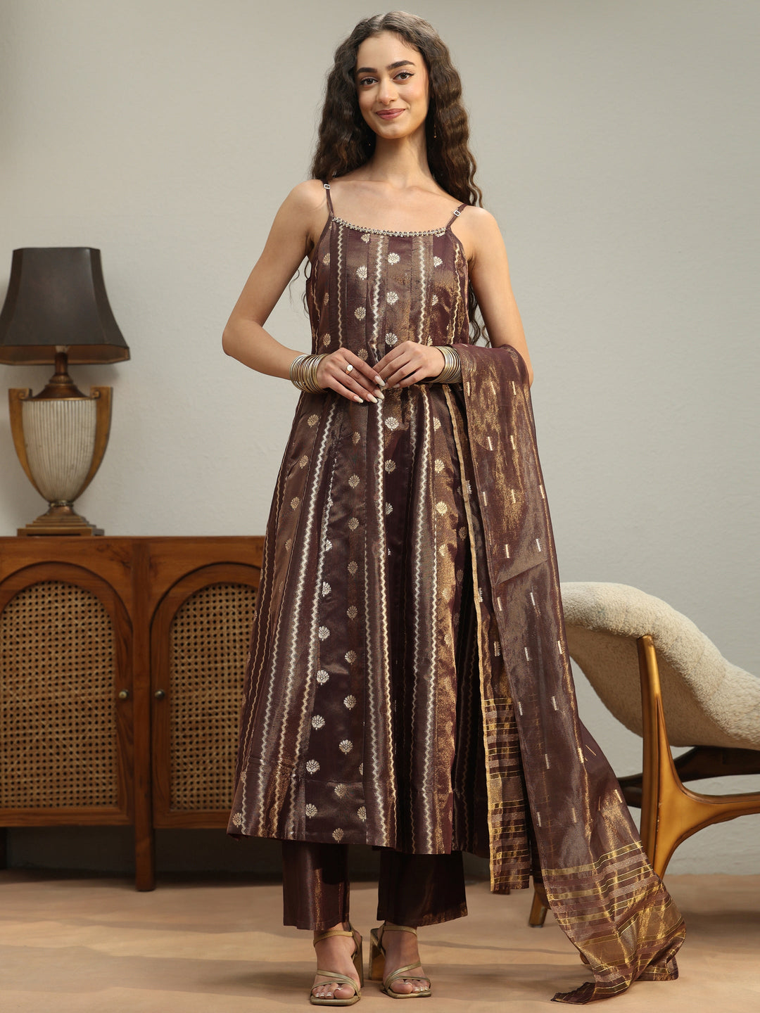  Mahogany Brown Woven Design Chanderi Silk A-Line Suit Set 