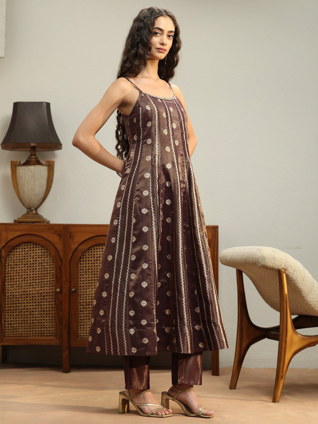  Mahogany Brown Woven Design Chanderi Silk A-Line Suit Set 