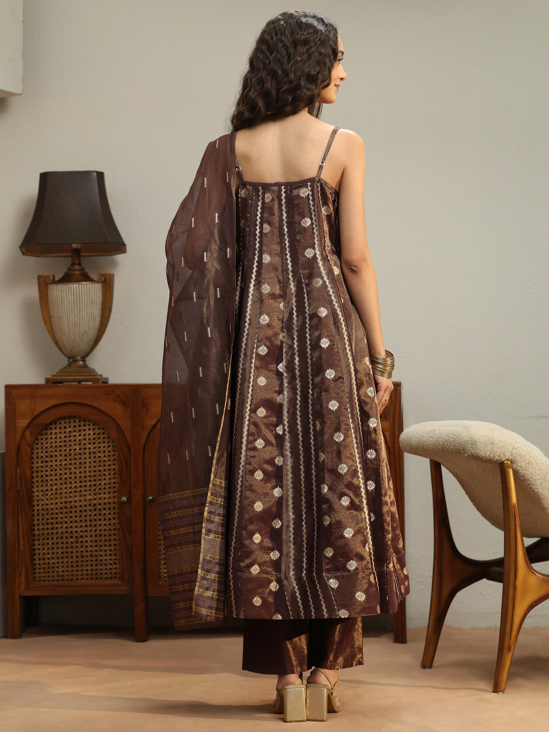  Mahogany Brown Woven Design Chanderi Silk A-Line Suit Set 