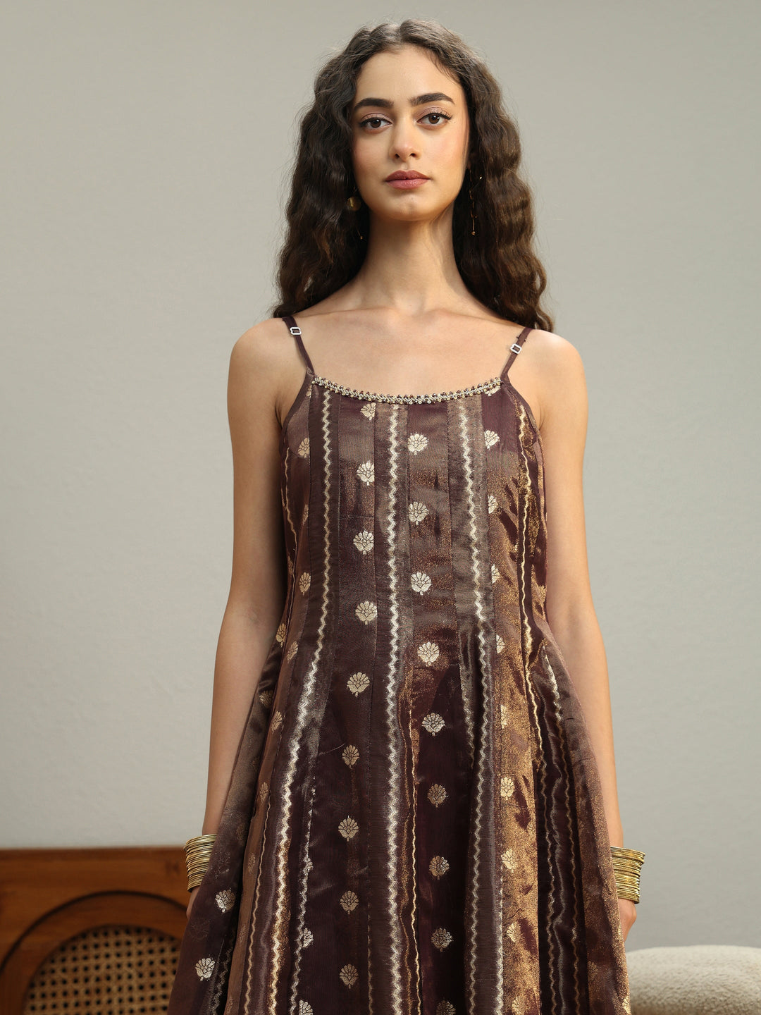  Mahogany Brown Woven Design Chanderi Silk A-Line Suit Set 