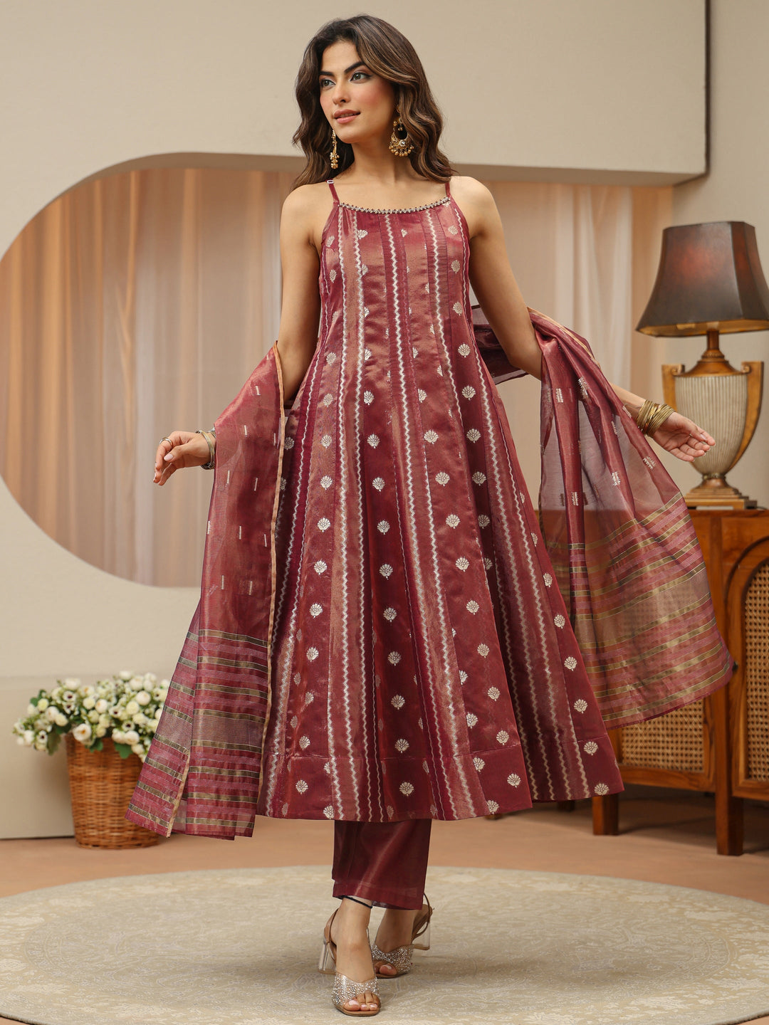  Terracotta Red Woven Design Chanderi Silk A-Line Suit Set 
