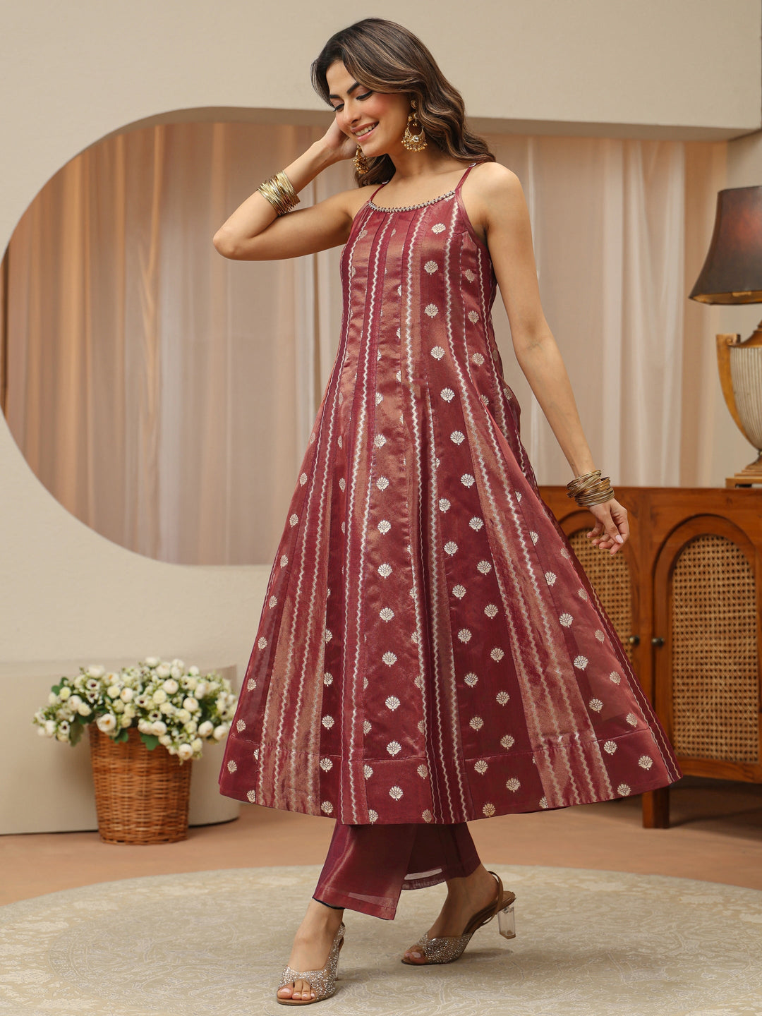  Terracotta Red Woven Design Chanderi Silk A-Line Suit Set 