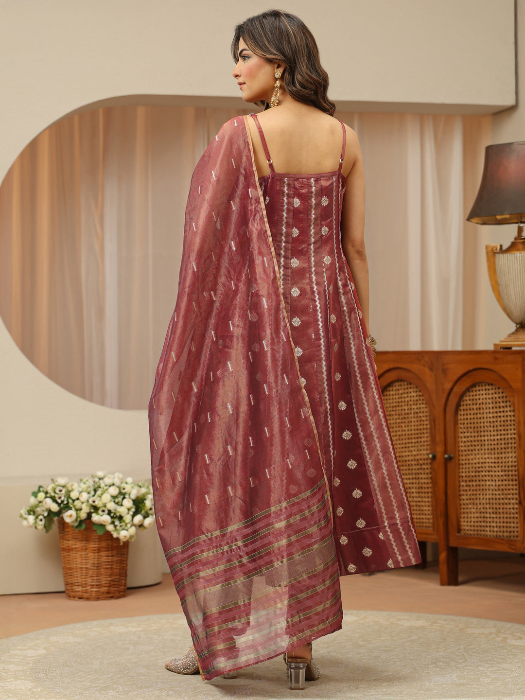  Terracotta Red Woven Design Chanderi Silk A-Line Suit Set 
