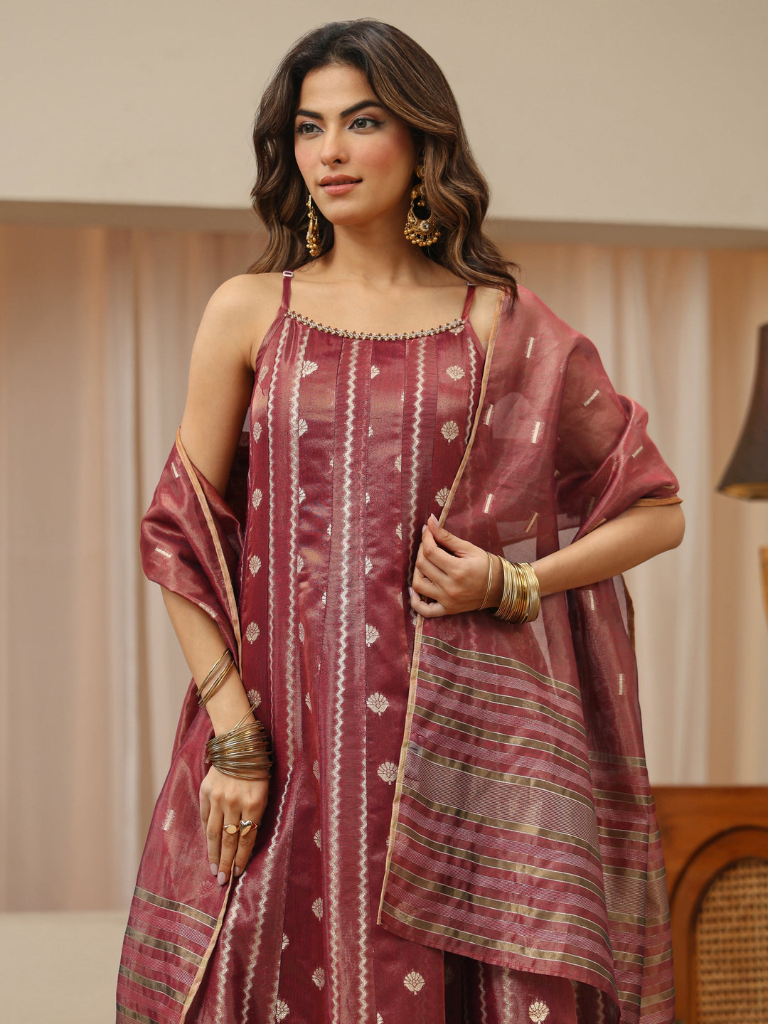  Terracotta Red Woven Design Chanderi Silk A-Line Suit Set 