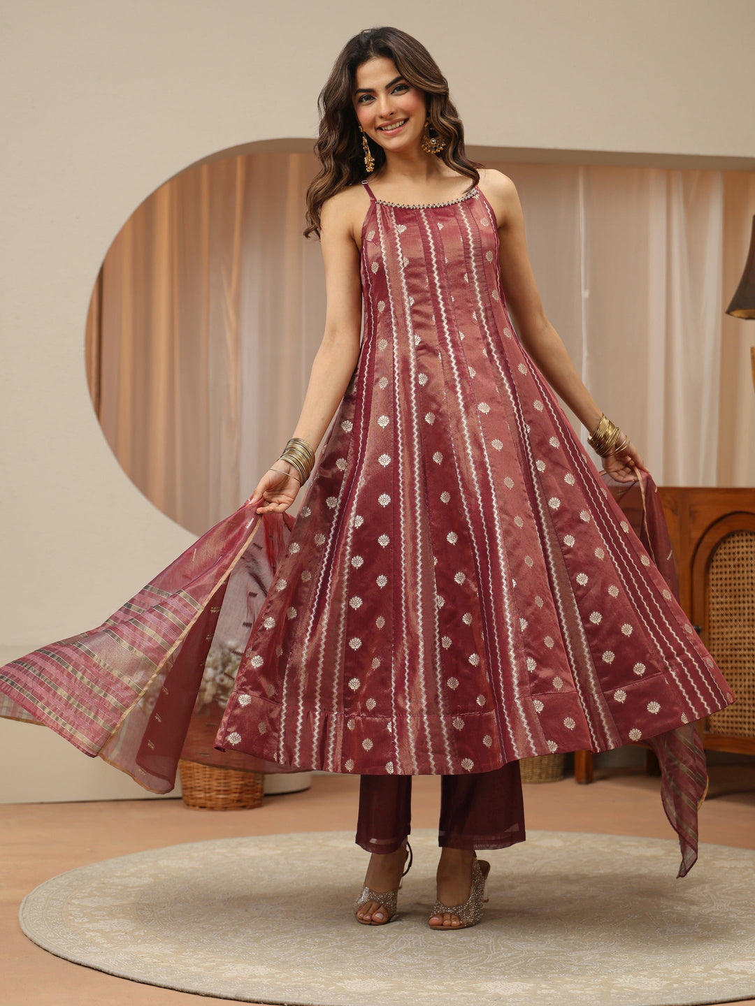  Terracotta Red Woven Design Chanderi Silk A-Line Suit Set 