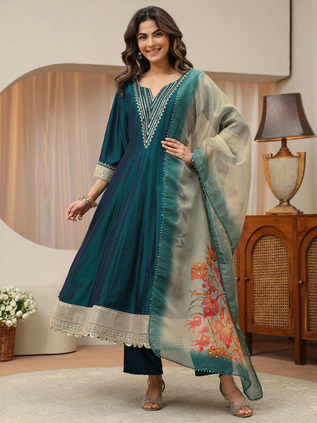  Teal Yoke Design Silk Blend Anarkali Suit Set 