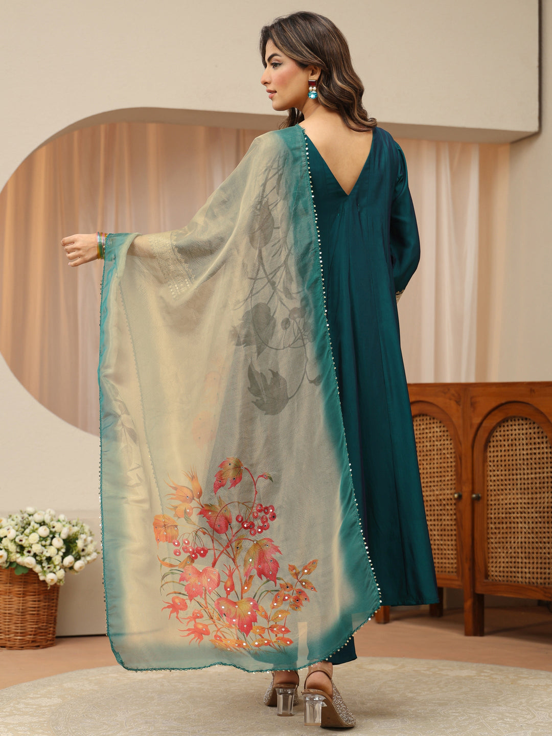  Teal Yoke Design Silk Blend Anarkali Suit Set 