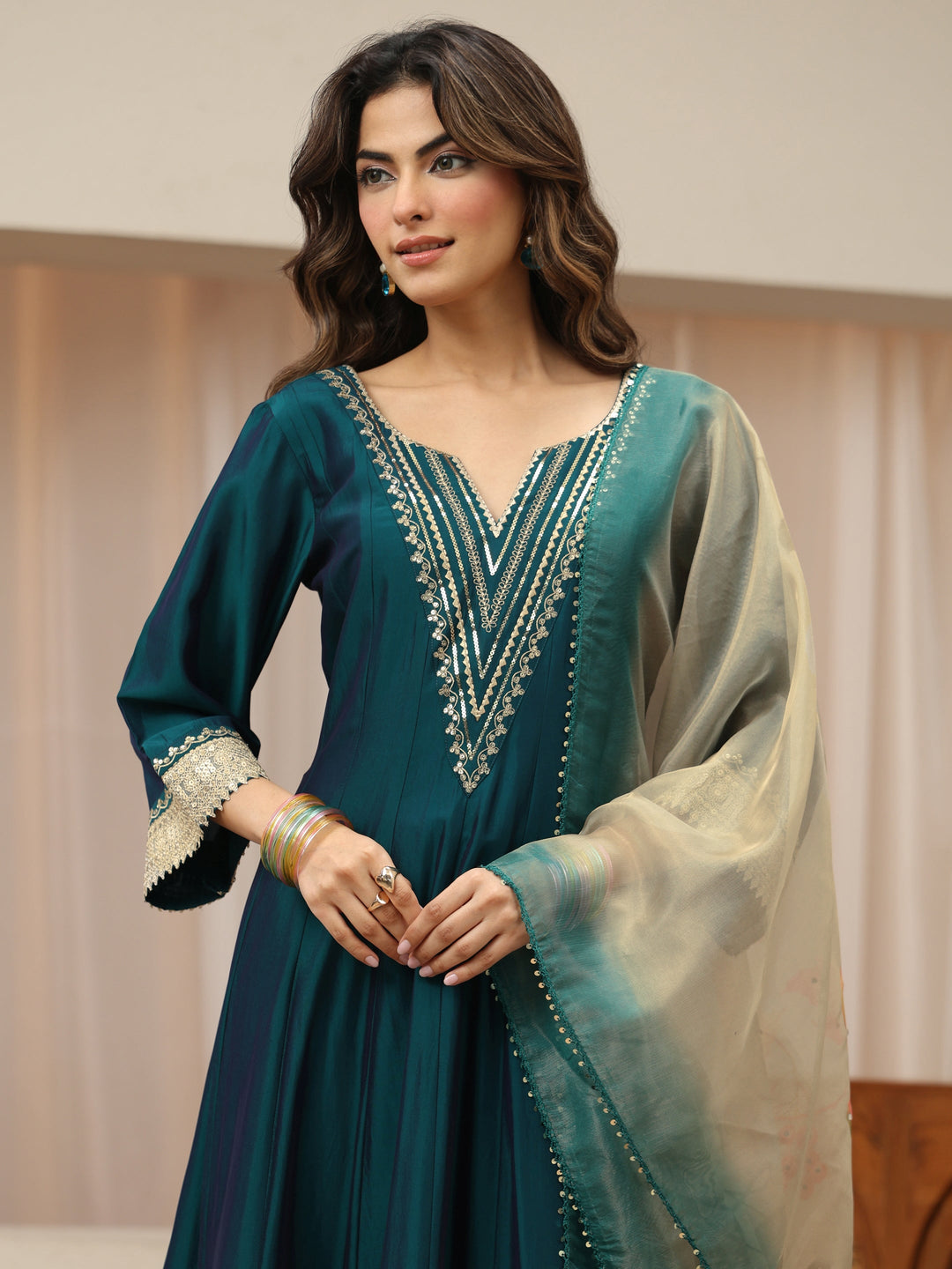  Teal Yoke Design Silk Blend Anarkali Suit Set 