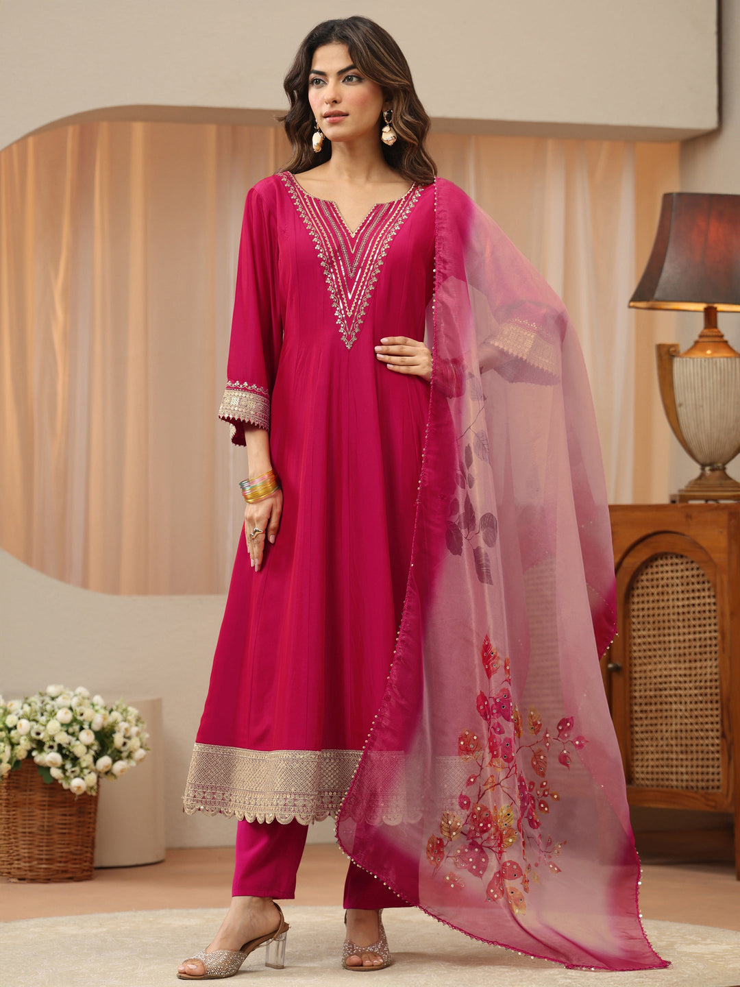  Pink Yoke Design Silk Blend Anarkali Suit Set 