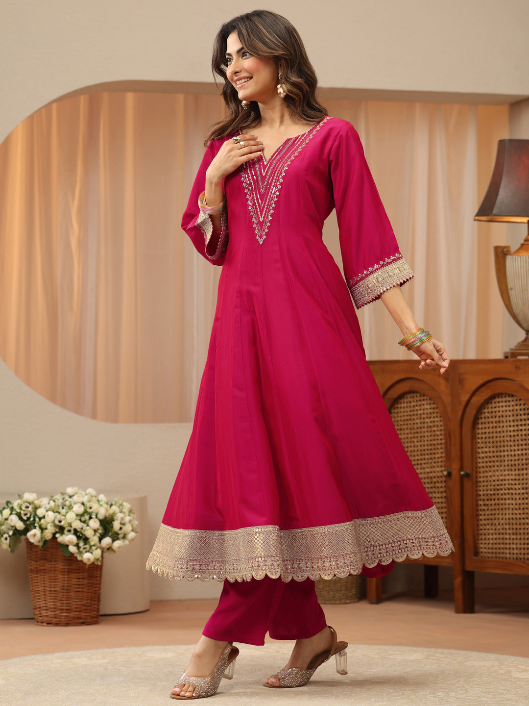  Pink Yoke Design Silk Blend Anarkali Suit Set 