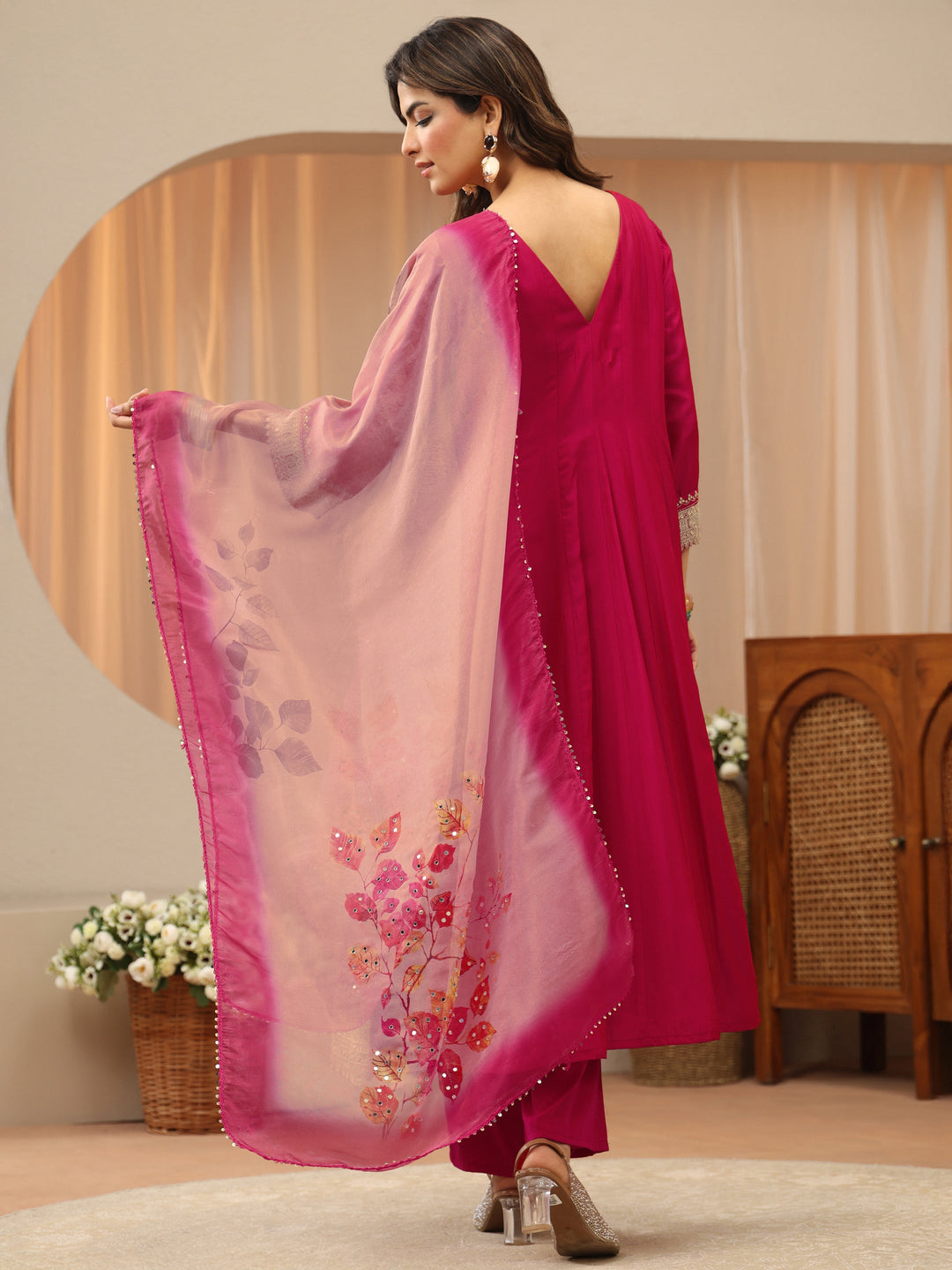  Pink Yoke Design Silk Blend Anarkali Suit Set 