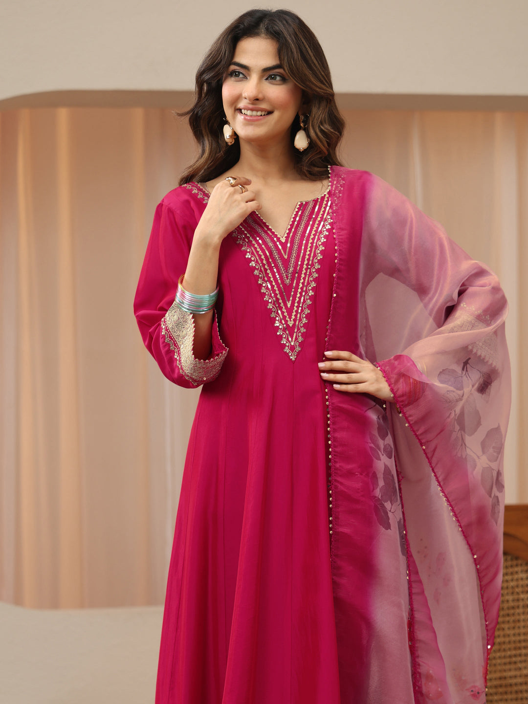  Pink Yoke Design Silk Blend Anarkali Suit Set 